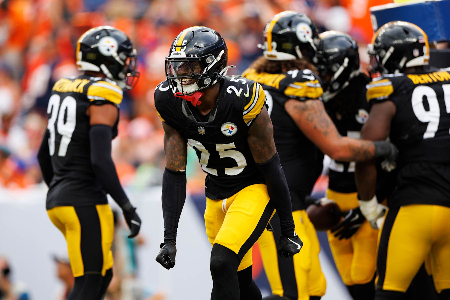 DENVER, CO - SEPTEMBER 15: Safety DeShon Elliott #25 of the Pittsburgh Steelers celebrates after the defense secured an interception during the third quarter of an NFL football game against the Denver Broncos, at Empower Field at Mile High on September 15, 2024 in Denver, Colorado. (Photo by Brooke Sutton/Getty Images)