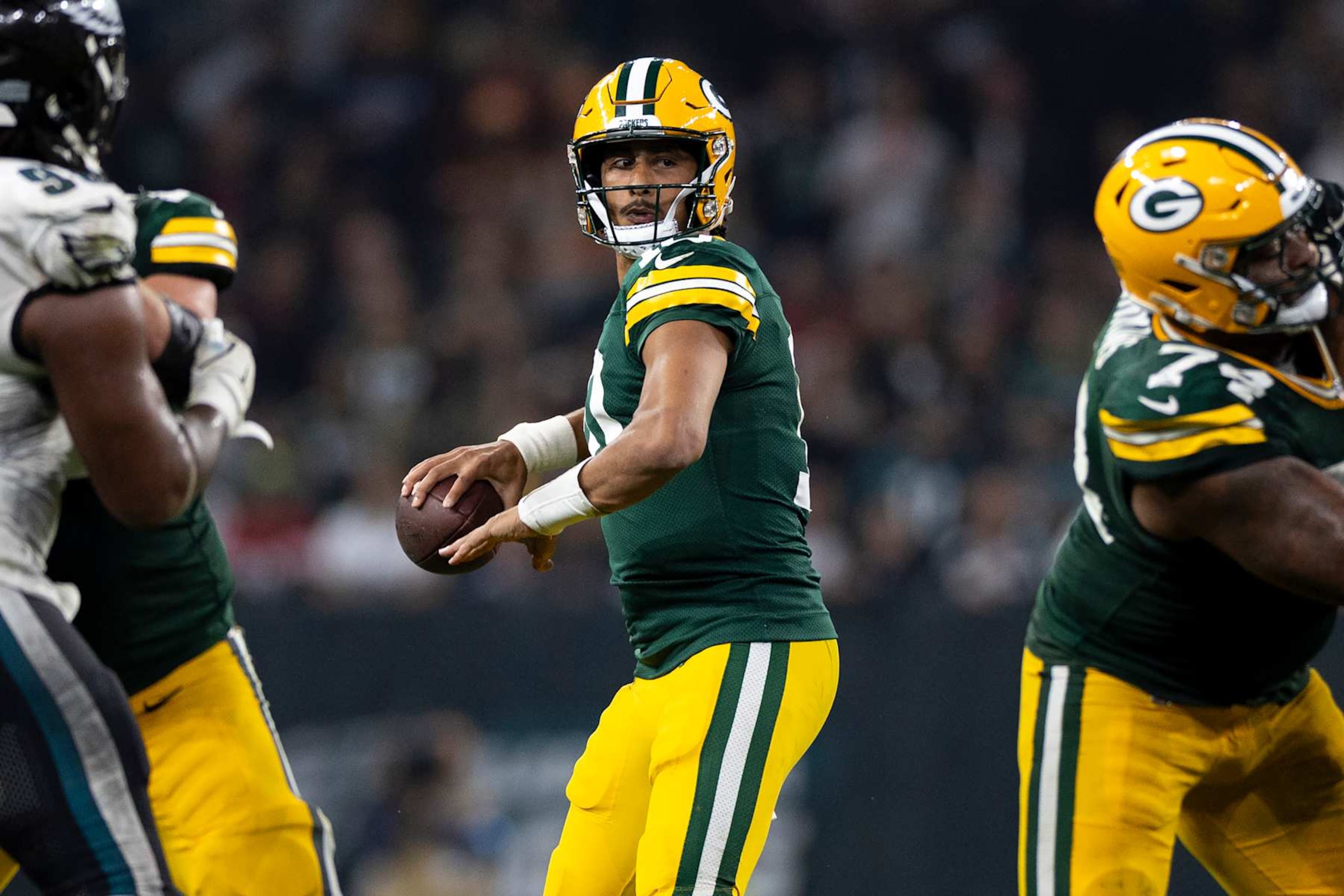 SÃO PAULO, BRAZIL - SEPTEMBER 6: Quarterback Jordan Love #10 of the Green Bay Packers prepares to throw during the third quarter of an NFL football game against the Philadelphia Eagles, at Arena Corinthians on September 6, 2024 in Sao Paulo, Brazil. (Photo by Brooke Sutton/Getty Images) SÃO PAULO, BRAZIL - SEPTEMBER 6: Quarterback Jordan Love #10 of the Green Bay Packers prepares to throw during the third quarter of an NFL football game against the Philadelphia Eagles, at Arena Corinthians on September 6, 2024 in Sao Paulo, Brazil. (Photo by Brooke Sutton/Getty Images)