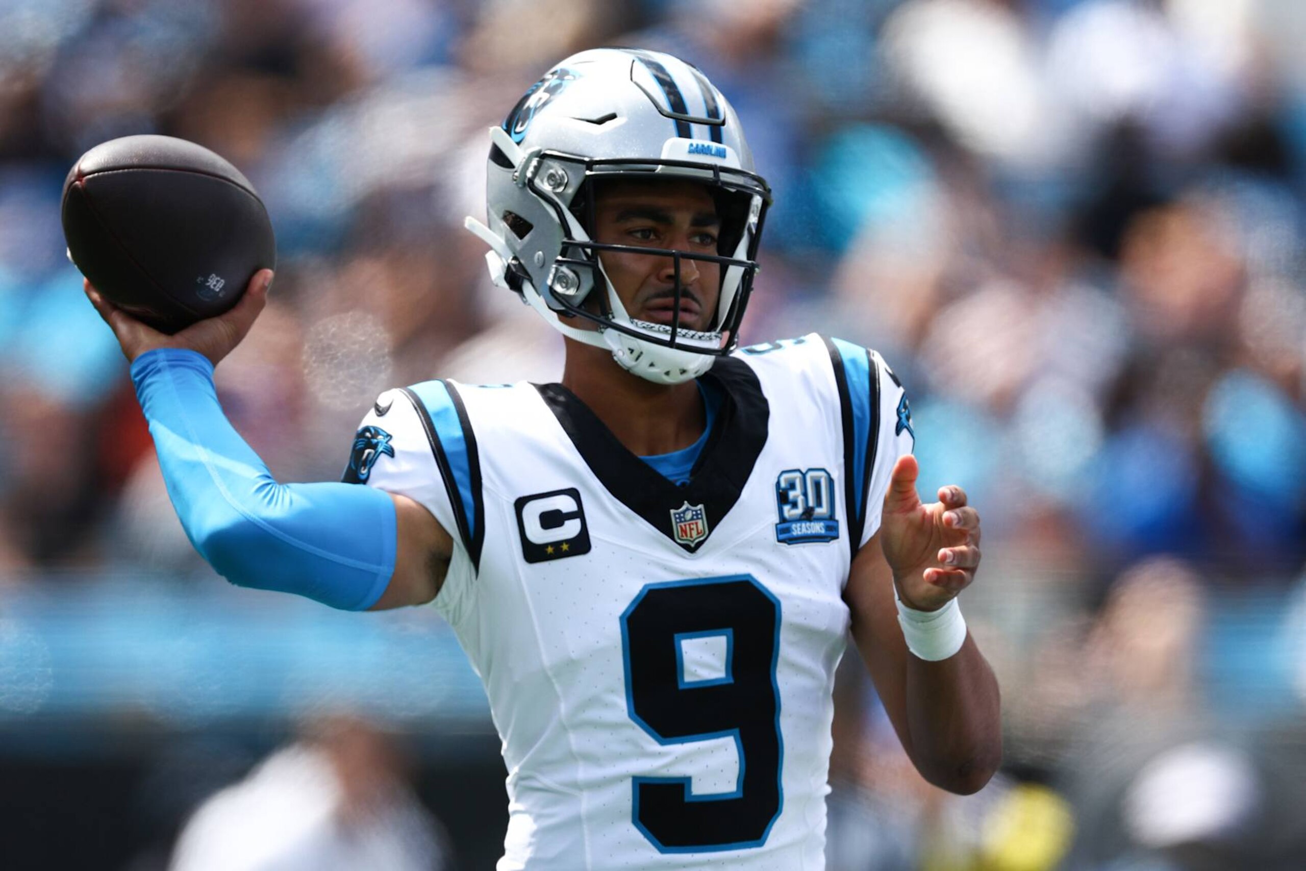 CHARLOTTE, NORTH CAROLINA - SEPTEMBER 15: Quarterback Bryce Young #9 of the Carolina Panthers throws a pass during the first half against the Los Angeles Chargers at Bank of America Stadium on September 15, 2024 in Charlotte, North Carolina. (Photo by Jared C. Tilton/Getty Images)