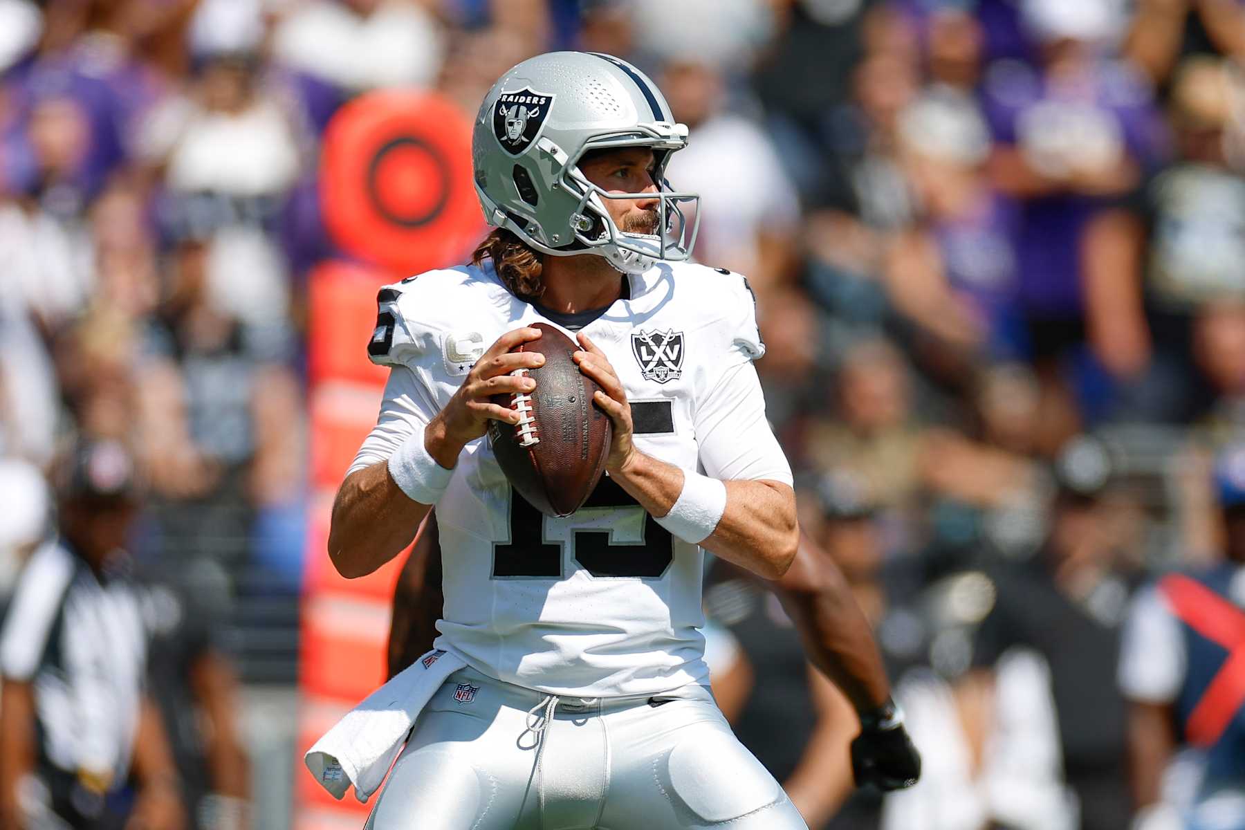 BALTIMORE, MARYLAND - SEPTEMBER 15: Gardner Minshew #15 of the Las Vegas Raiders throws a pass during the first half against the Baltimore Ravens at M&T Bank Stadium on September 15, 2024 in Baltimore, Maryland. (Photo by Brandon Sloter/Getty Images)