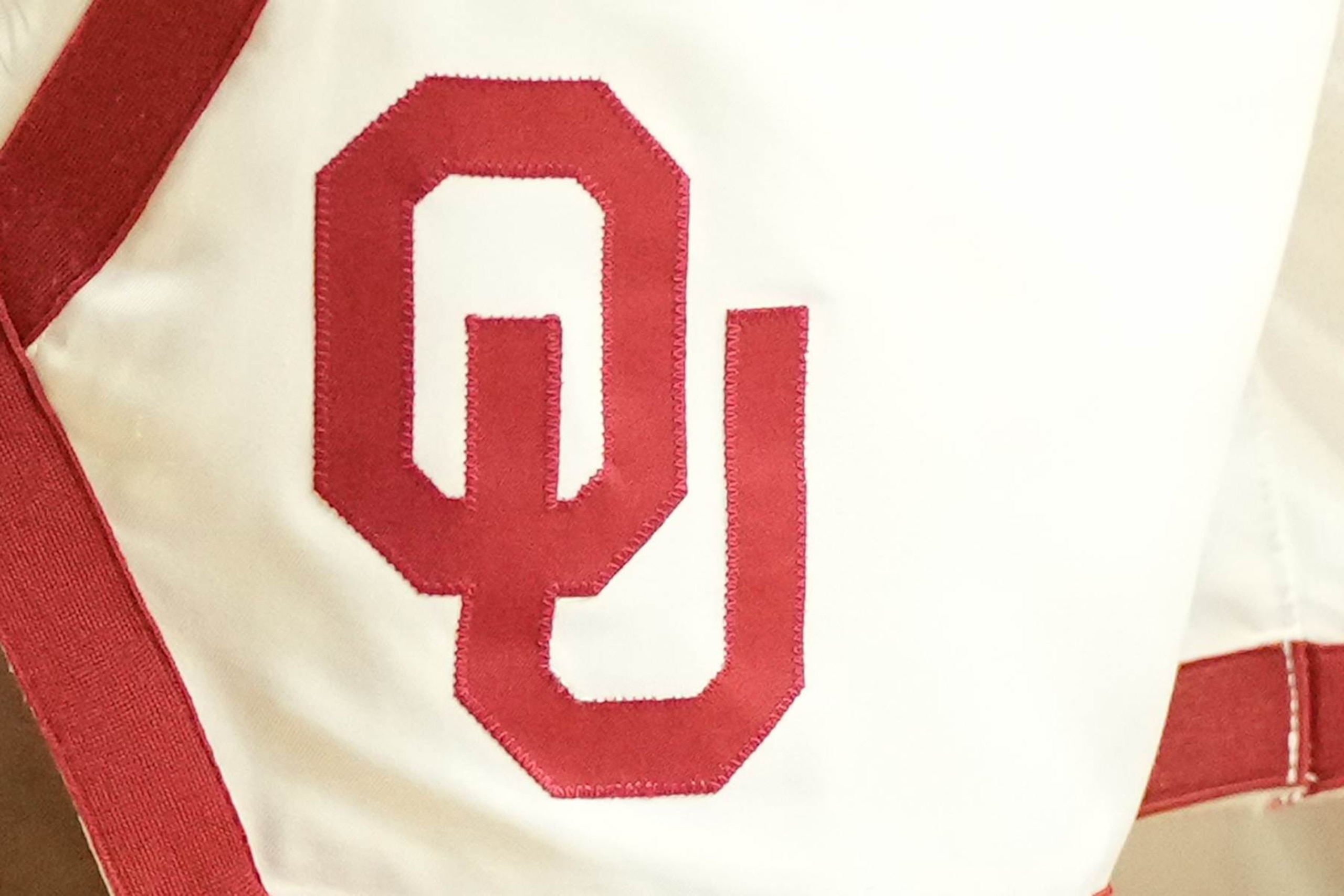 NORMAN, OK - DECEMBER 05:  The Oklahoma Sooners logo on a pic of shorts during a college basketball game against the Providence Friars at Lloyd Noble Center on December 5, 2023 in Norman, Oklahoma.  (Photo by Mitchell Layton/Getty Images) *** Local Caption ***