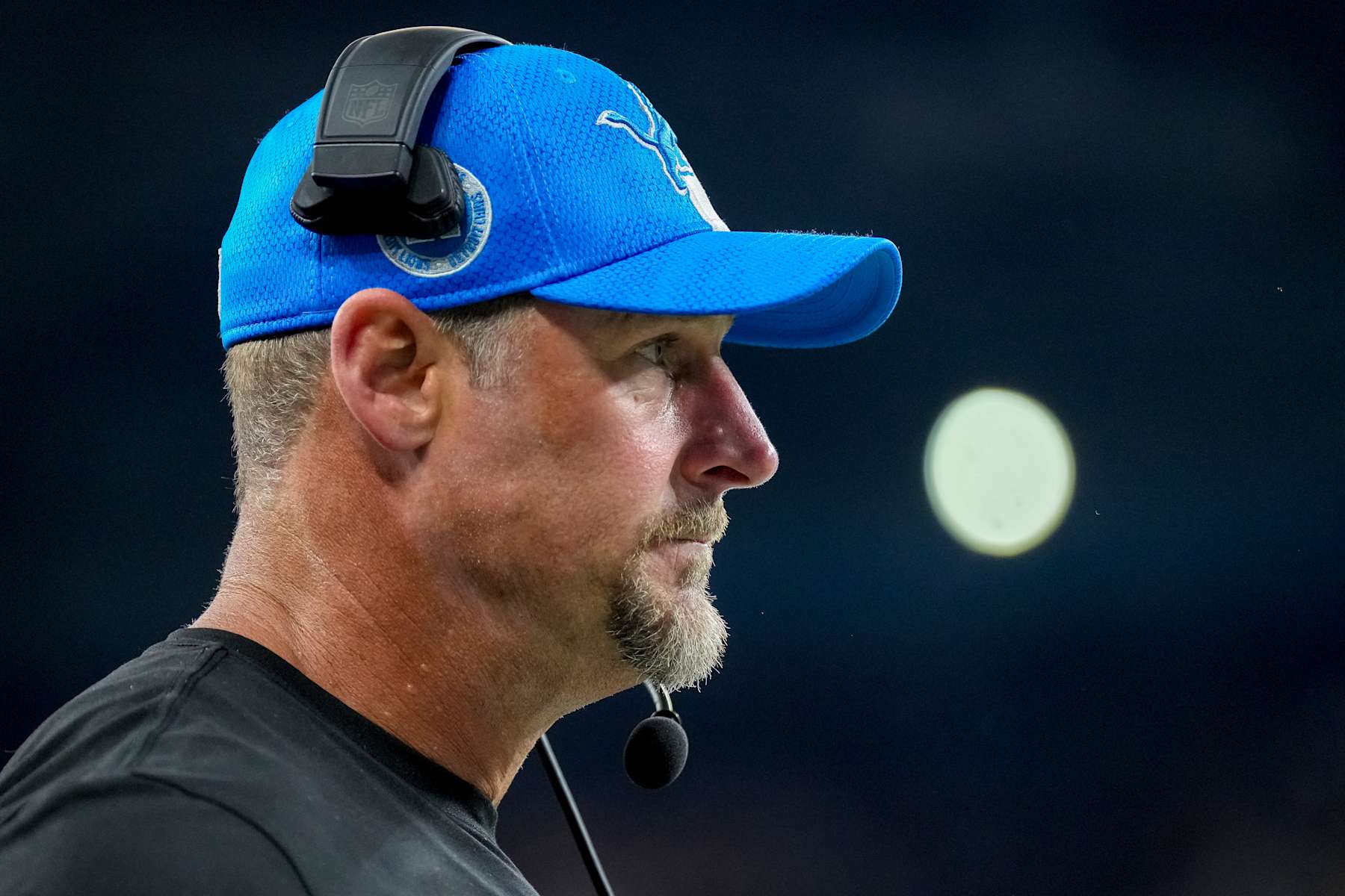 DETROIT, MICHIGAN - SEPTEMBER 15: Head coach Dan Campbell of the Detroit Lions looks on against the Tampa Bay Buccaneers during the second half at Ford Field on September 15, 2024 in Detroit, Michigan. (Photo by Nic Antaya/Getty Images)