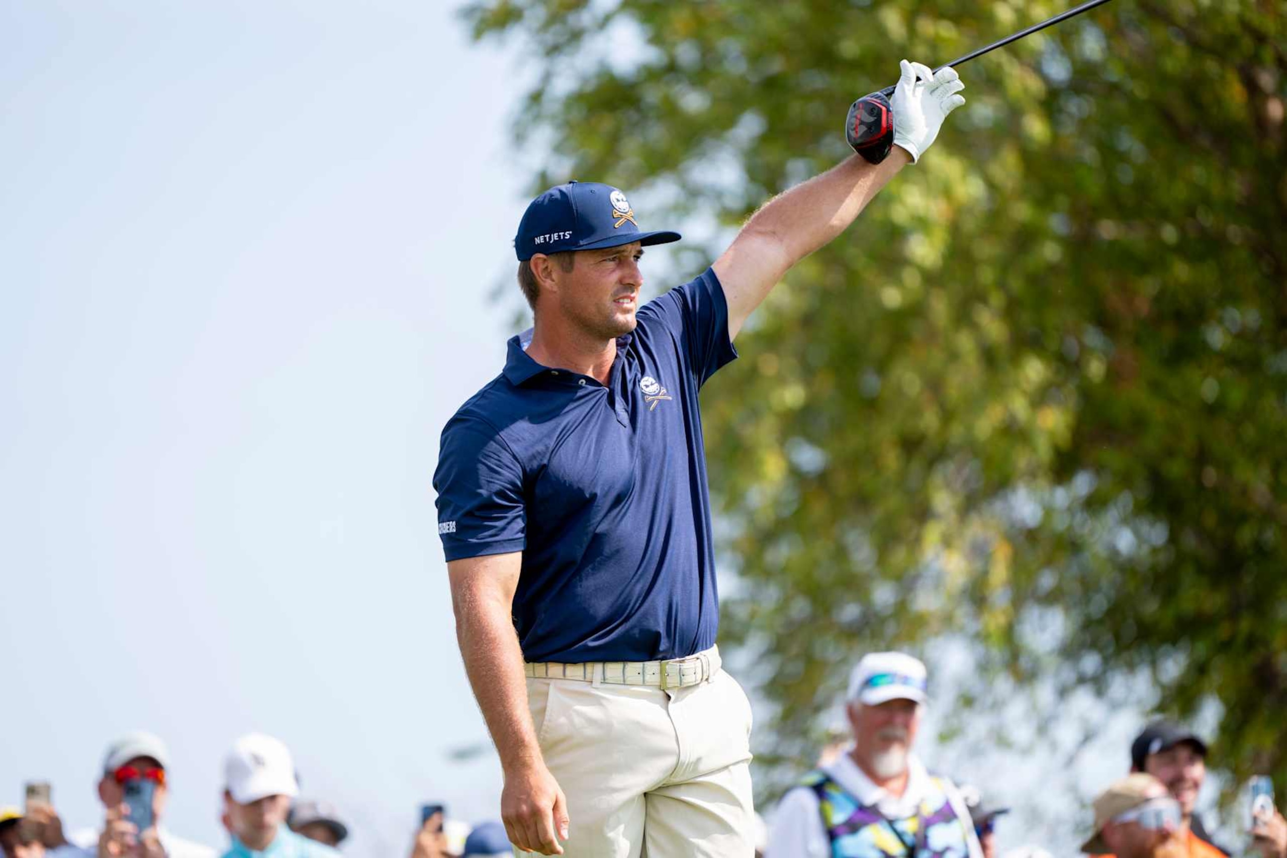BOLINGBROOK, IL - SEPTEMBER 15: Bryson DeChambeau of the Crushers GC signals the direction of the ball during day three of LIV Golf: Chicago at Bolingbrook Golf Club on September 15, 2024 in Bolingbrook, Illinois. (Photo by Ben Hsu/Icon Sportswire via Getty Images)