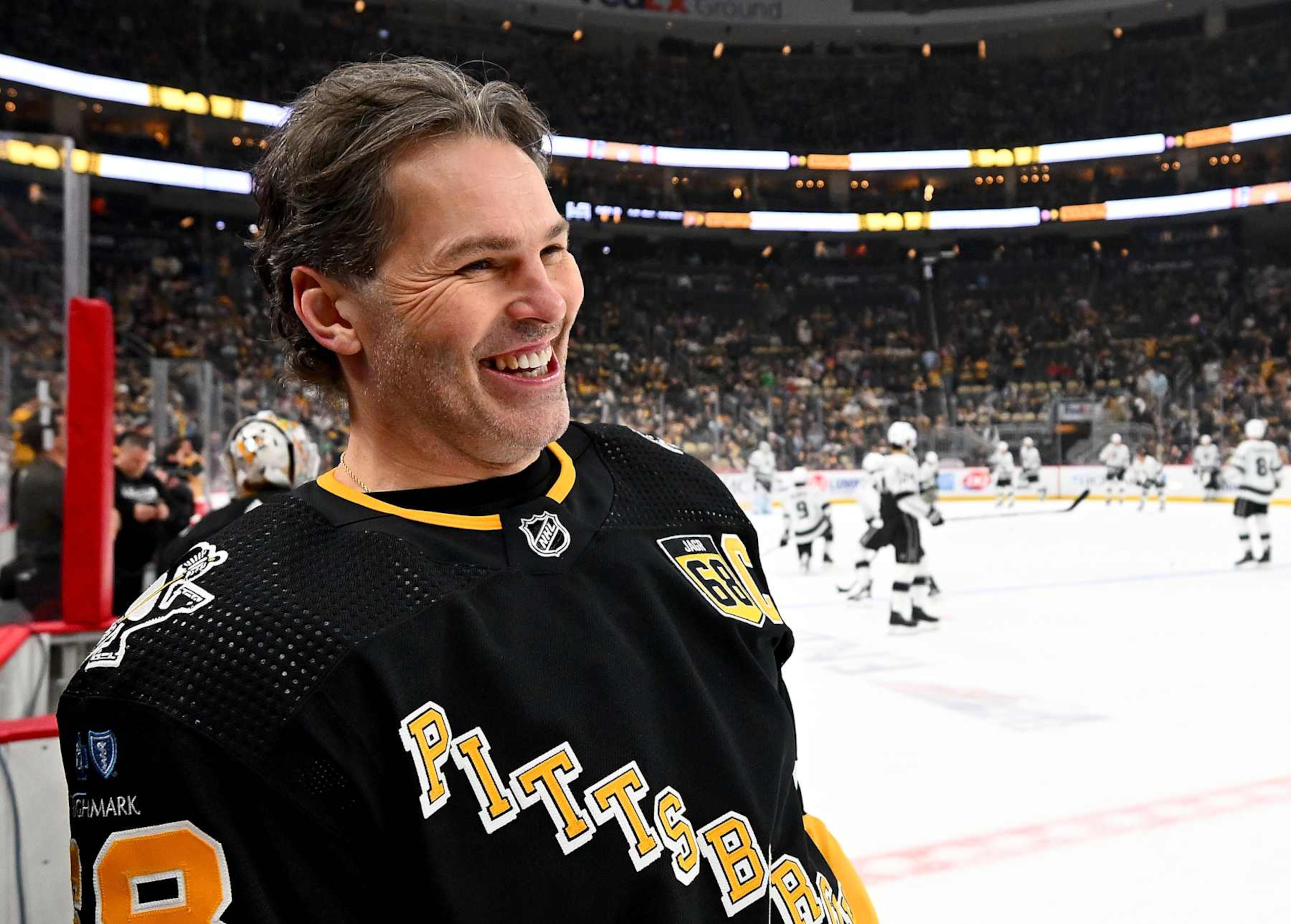 PITTSBURGH, PA - FEBRUARY 18: Jaromir Jagr skates during warm ups after having his number retired and banner raised to the rafters before the game between the Pittsburgh Penguins and the Los Angeles Kings at PPG PAINTS Arena on February 18, 2024 in Pittsburgh, Pennsylvania. (Photo by Joe Sargent/NHLI via Getty Images) PITTSBURGH, PA - FEBRUARY 18: Jaromir Jagr skates during warm ups after having his number retired and banner raised to the rafters before the game between the Pittsburgh Penguins and the Los Angeles Kings at PPG PAINTS Arena on February 18, 2024 in Pittsburgh, Pennsylvania. (Photo by Joe Sargent/NHLI via Getty Images)