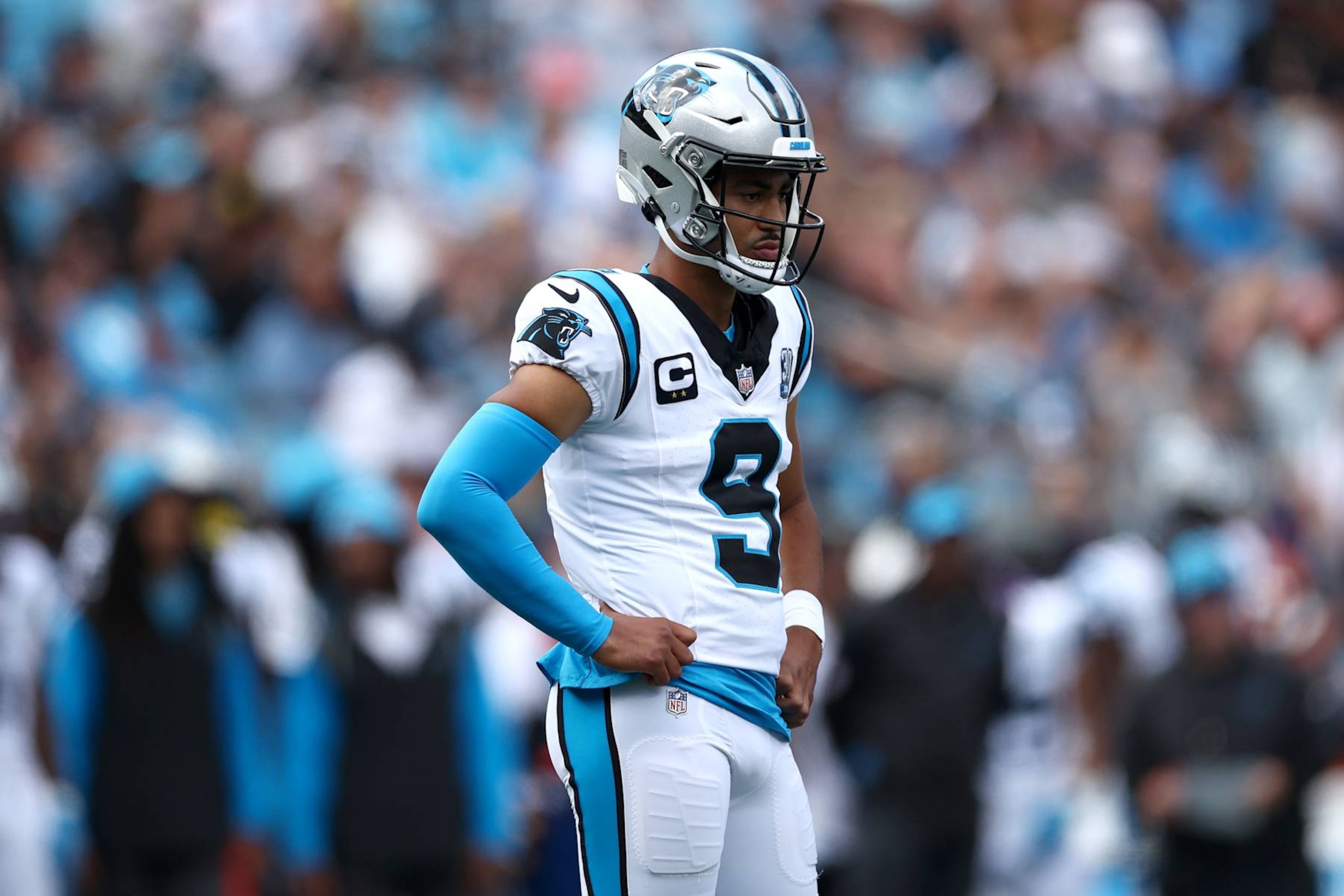 CHARLOTTE, NORTH CAROLINA - SEPTEMBER 15: Quarterback Bryce Young #9 of the Carolina Panthers looks on during the first half of the game against the Los Angeles Chargers at Bank of America Stadium on September 15, 2024 in Charlotte, North Carolina. (Photo by Jared C. Tilton/Getty Images)