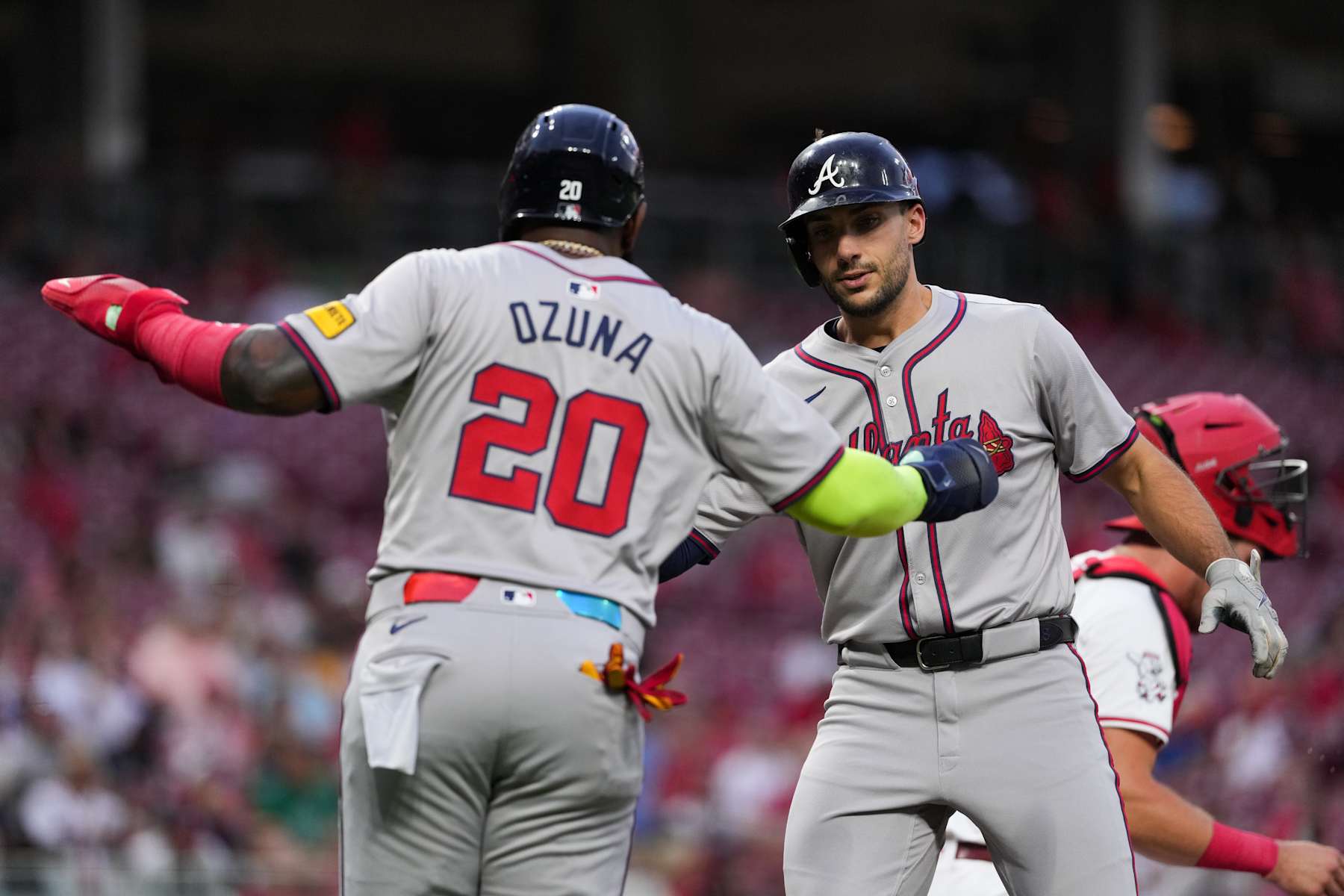 CINCINNATI, OH - SEPTEMBER 17: Matt Olson #28 of the Atlanta Braves celebrates with Marcell Ozuna #20 after a two-run home run in the first inning during the game between the Atlanta Braves and the Cincinnati Reds at Great American Ball Park on Tuesday, September 17, 2024 in Cincinnati, Ohio. (Photo by Kareem Elgazzar/MLB Photos via Getty Images)