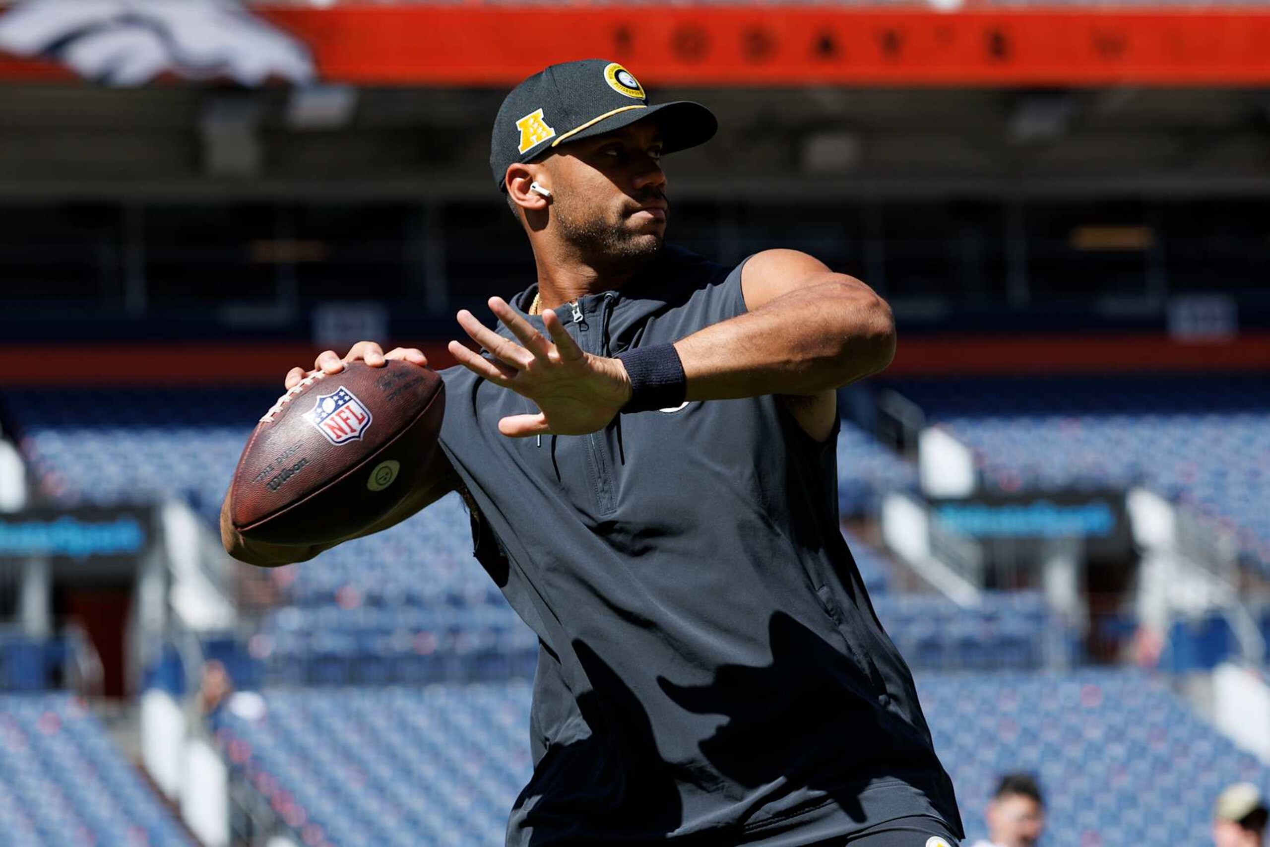 DENVER, CO - SEPTEMBER 15: Quarterback Russell Wilson #3 of the Pittsburgh Steelers warms up prior to an NFL football game against the Denver Broncos, at Empower Field at Mile High on September 15, 2024 in Denver, Colorado. (Photo by Brooke Sutton/Getty Images)