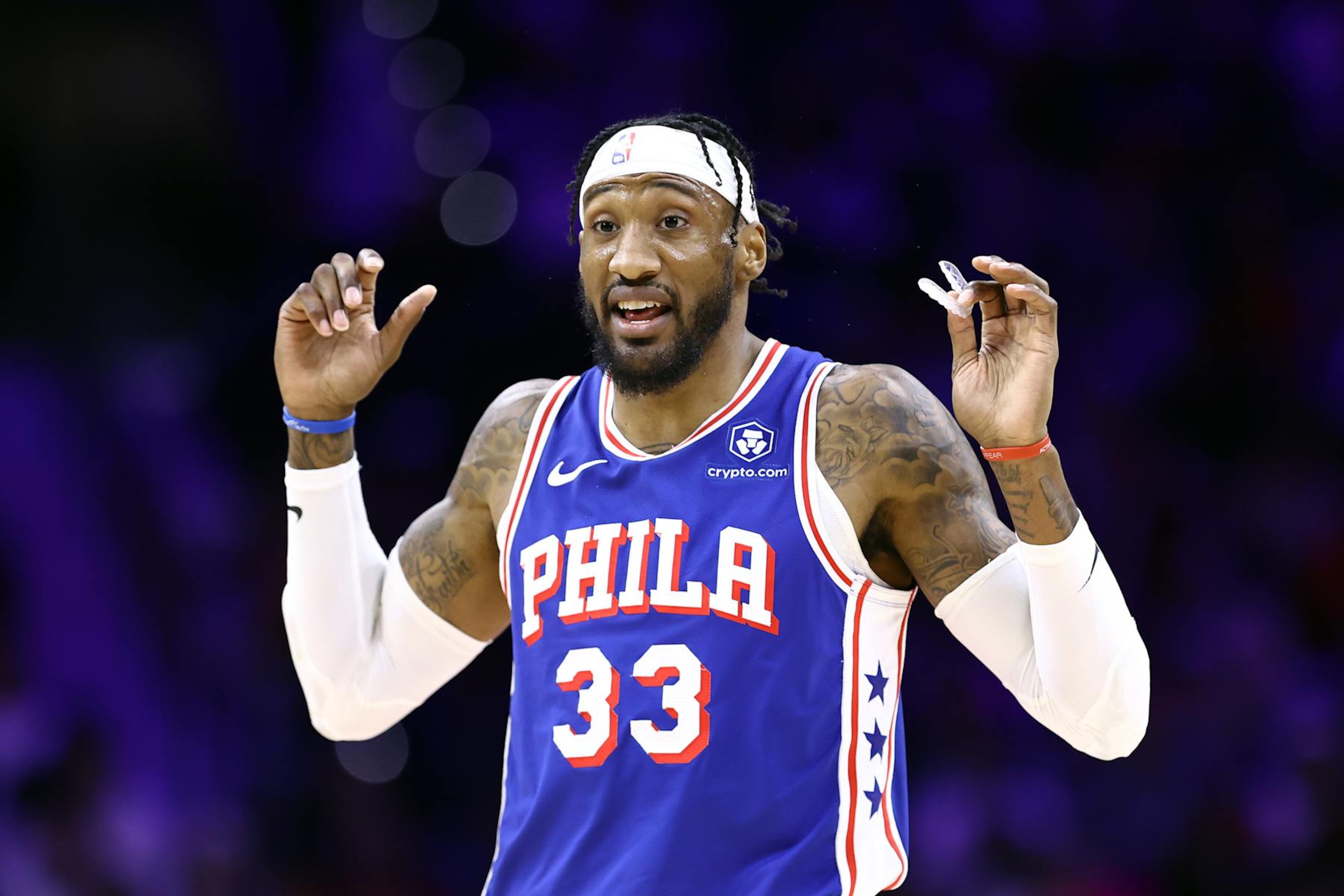 PHILADELPHIA, PENNSYLVANIA - DECEMBER 18: Robert Covington #33 of the Philadelphia 76ers reacts against the Chicago Bulls at the Wells Fargo Center on December 18, 2023 in Philadelphia, Pennsylvania. NOTE TO USER: User expressly acknowledges and agrees that, by downloading and or using this photograph, User is consenting to the terms and conditions of the Getty Images License Agreement. (Photo by Tim Nwachukwu/Getty Images)