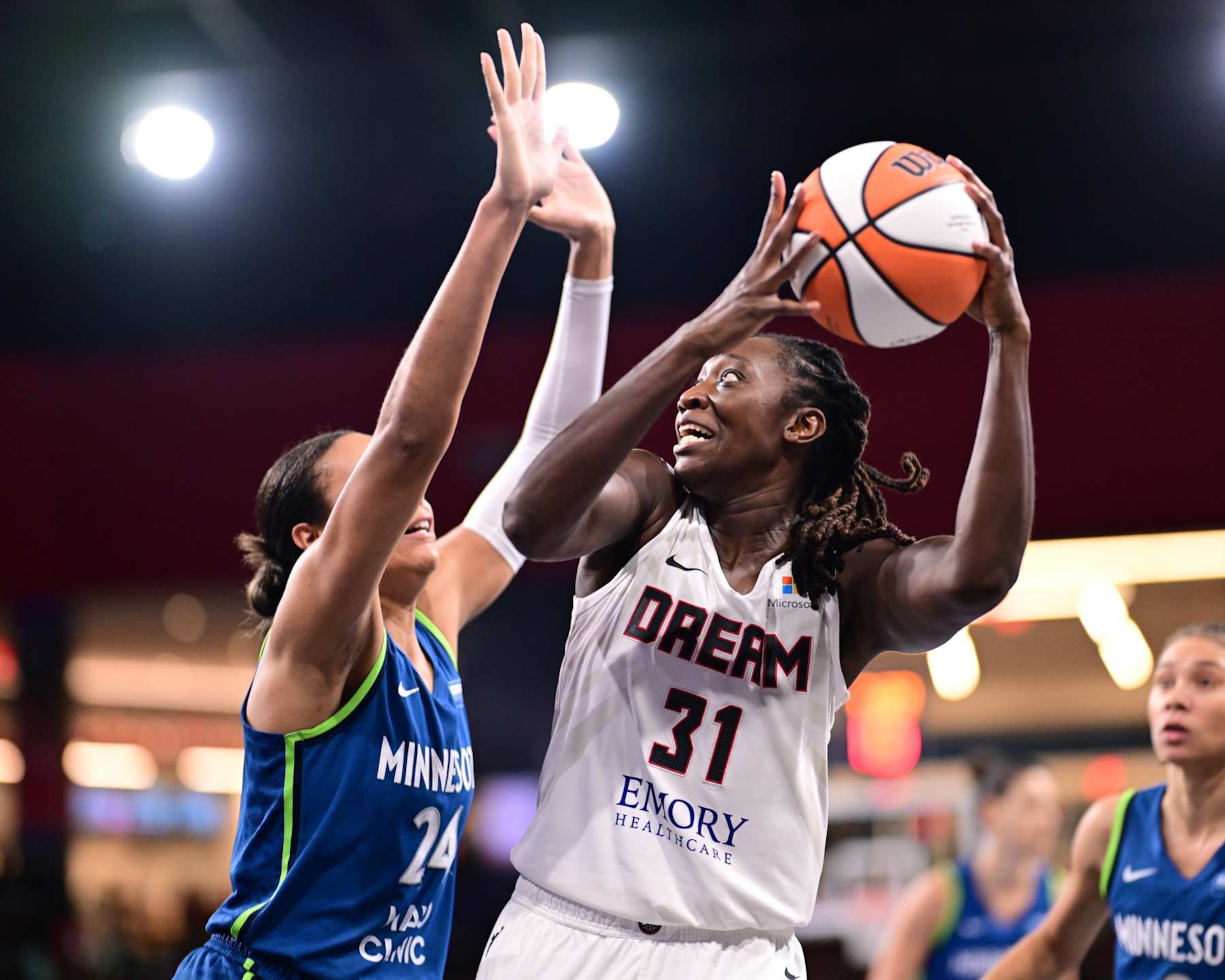 COLLEGE PARK GA - SEPTEMBER 10: Tina Charles #31 of the Atlanta Dream goes to the basket during the game on September 10, 2024 at Gateway Center Arena in College Park, Georgia. NOTE TO USER: User expressly acknowledges and agrees that, by downloading and or using this photograph, User is consenting to the terms and conditions of the Getty Images License Agreement. Mandatory Copyright Notice: Copyright 2024 NBAE (Photo by Adam Hagy/NBAE via Getty Images) COLLEGE PARK GA - SEPTEMBER 10: Tina Charles #31 of the Atlanta Dream goes to the basket during the game on September 10, 2024 at Gateway Center Arena in College Park, Georgia. NOTE TO USER: User expressly acknowledges and agrees that, by downloading and or using this photograph, User is consenting to the terms and conditions of the Getty Images License Agreement. Mandatory Copyright Notice: Copyright 2024 NBAE (Photo by Adam Hagy/NBAE via Getty Images)