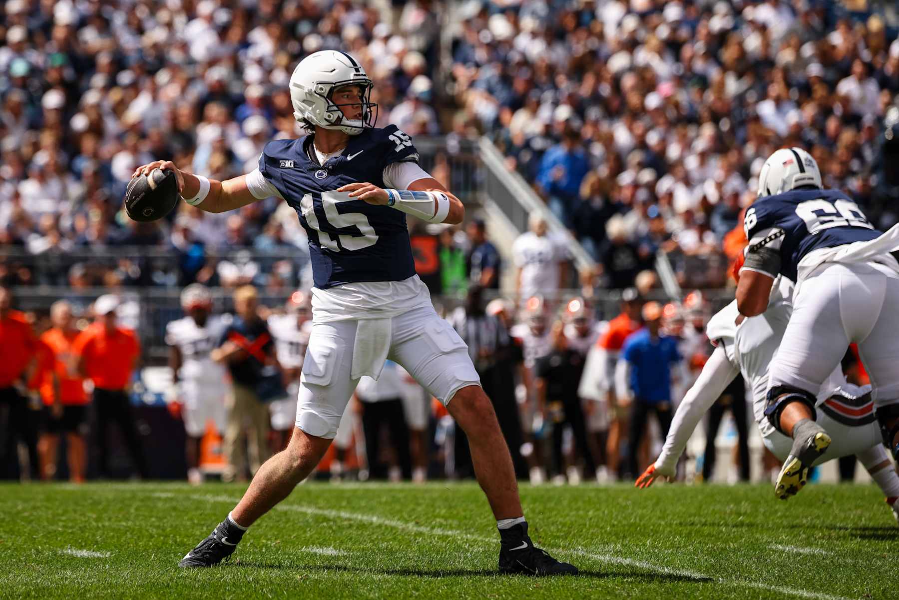 STATE COLLEGE, PA - SEPTEMBER 07: Drew Allar #15 of the Penn State Nittany Lions attempts a pass against the Bowling Green Falcons during the first half at Beaver Stadium on September 7, 2024 in State College, Pennsylvania. (Photo by Scott Taetsch/Getty Images)