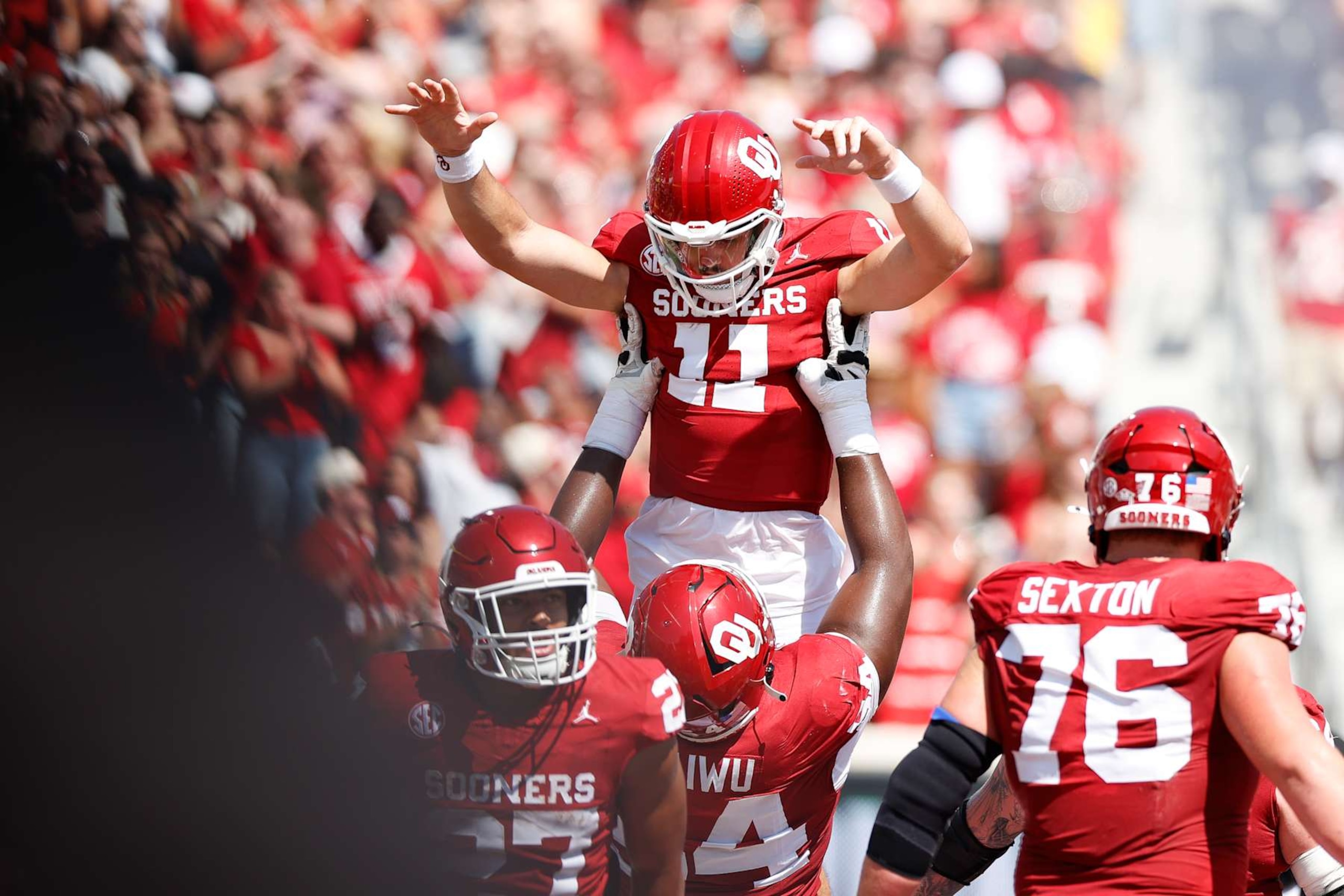 NORMAN, OKLAHOMA - SEPTEMBER 14: Jackson Arnold #11 of the Oklahoma Sooners celebrates during the first half against the Tulane Green Wave at Gaylord Family Oklahoma Memorial Stadium on September 14, 2024 in Norman, Oklahoma. (Photo by Aaron M. Sprecher/Getty Images)