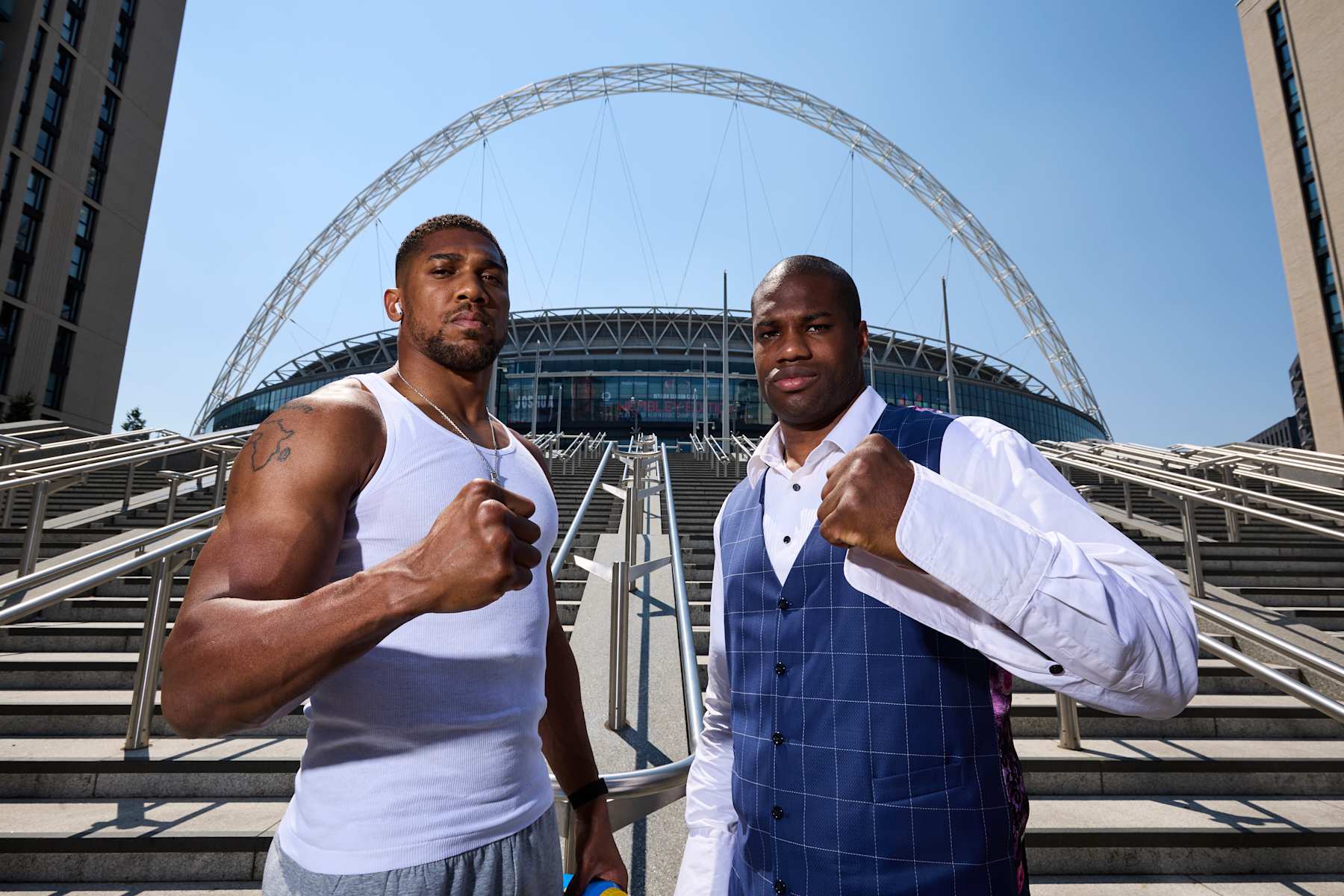 LONDON, ENGLAND - JUNE 26: Anthony Joshua and Daniel Dubois outside Wembley stadium as they announce their IBF World Heavyweight Contest scheduled for September 21 on June 26, 2024 in London England. (Photo by Mark Robinson/Matchroom Boxing/Getty Images)