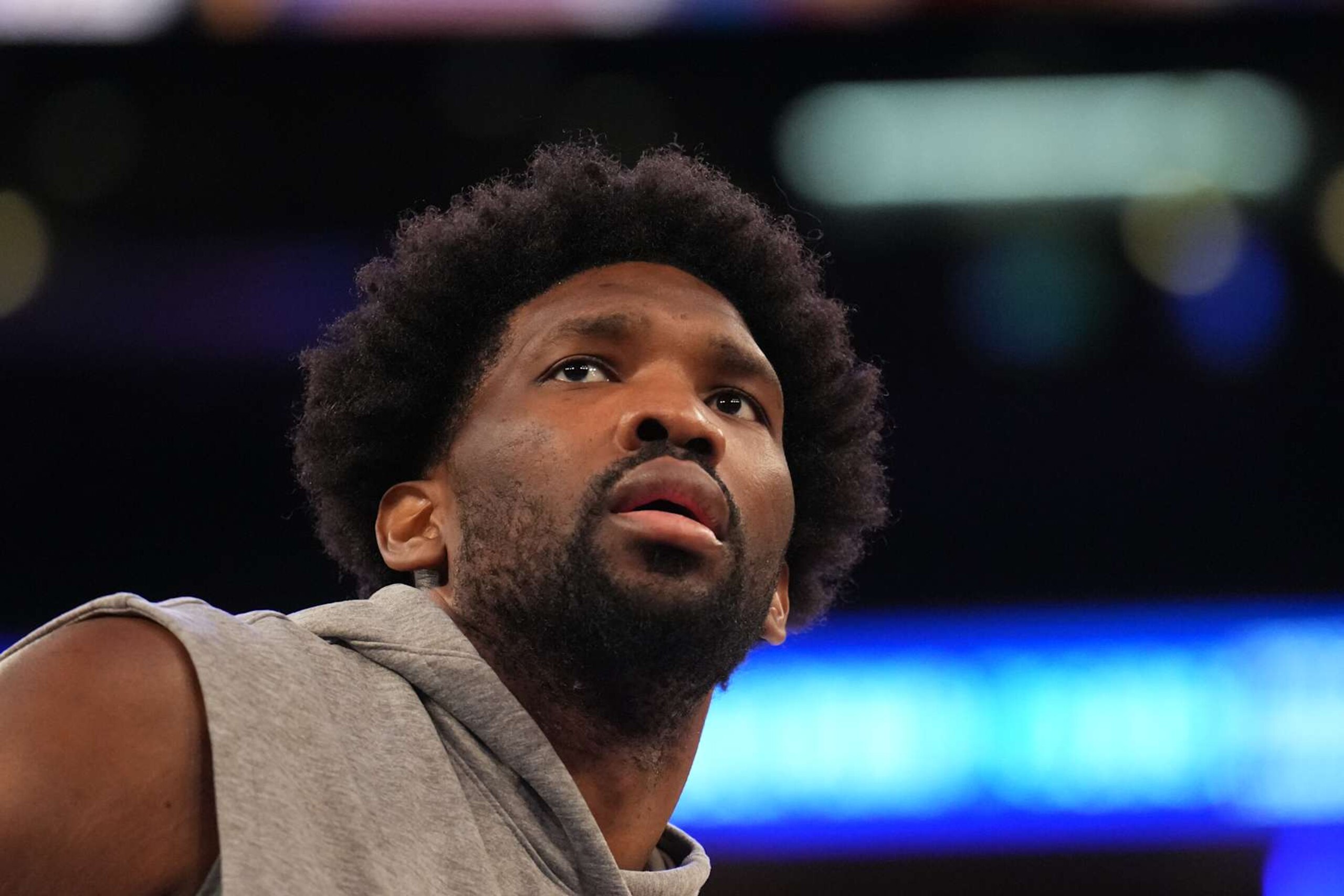 NEW YORK, NY - APRIL 22: Joel Embiid #21 of the Philadelphia 76ers warms up before the game against the New York Knicks during Round 1 Game 2 of the 2024 NBA Playoffs on April 22, 2024 at Madison Square Garden in New York City, New York.  NOTE TO USER: User expressly acknowledges and agrees that, by downloading and or using this photograph, User is consenting to the terms and conditions of the Getty Images License Agreement. Mandatory Copyright Notice: Copyright 2024 NBAE  (Photo by Jesse D. Garrabrant/NBAE via Getty Images)