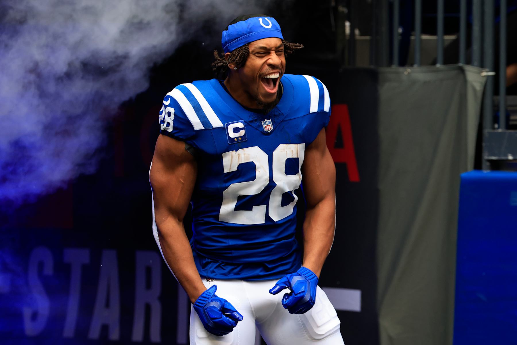 INDIANAPOLIS, INDIANA - SEPTEMBER 08:  Jonathan Taylor #28 of the Indianapolis Colts takes the field during player introductions prior to the game against the Houston Texans at Lucas Oil Stadium on September 08, 2024 in Indianapolis, Indiana. (Photo by Justin Casterline/Getty Images)