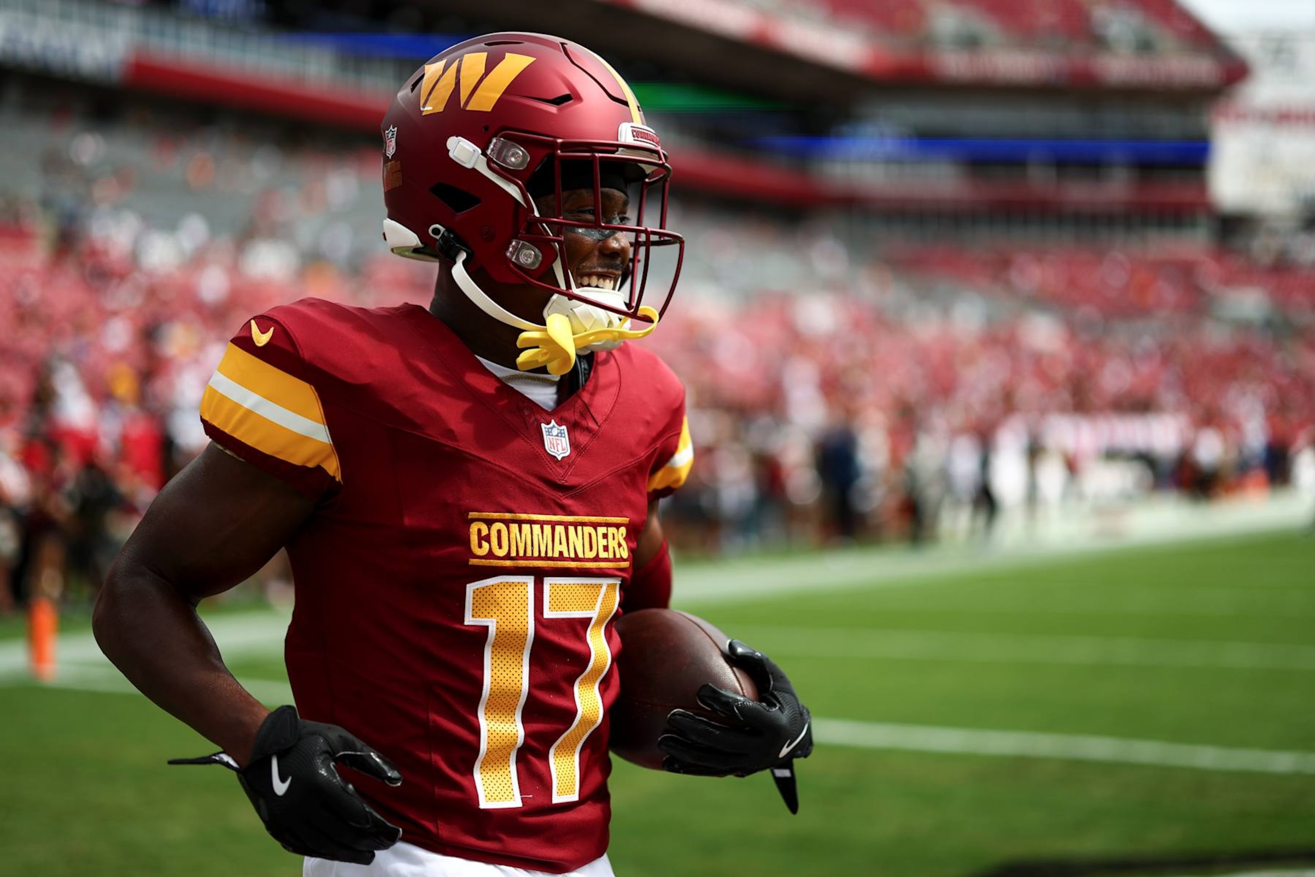 TAMPA, FL - SEPTEMBER 8: Terry McLaurin #17 of the Washington Commanders smiles prior to an NFL football game against the Tampa Bay Buccaneers at Raymond James Stadium on September 8, 2024 in Tampa, Florida. (Photo by Kevin Sabitus/Getty Images)