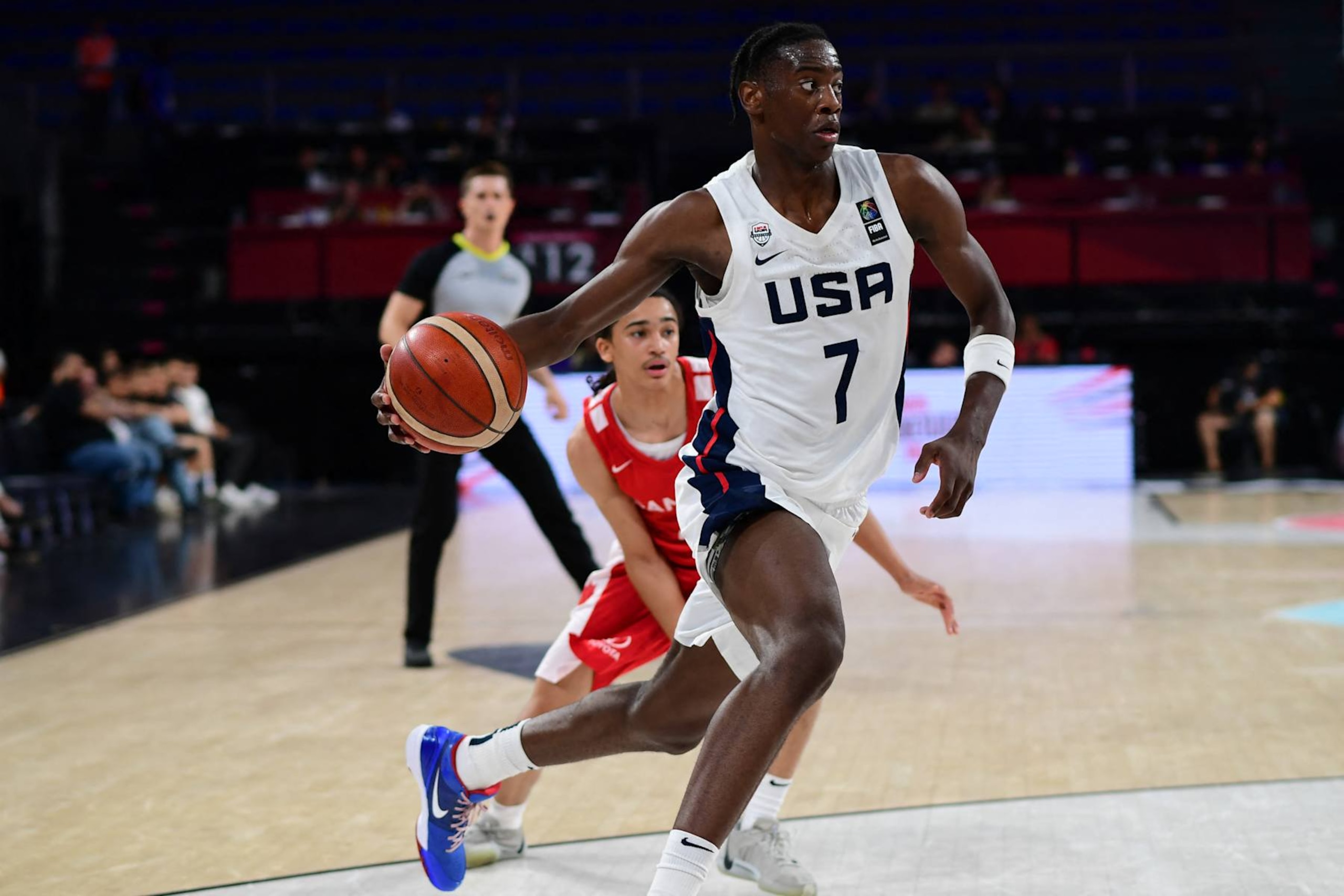 AJ Dybantsa, #7 of the United States of America (USA) in action during the FIBA U17 Basketball World Cup - Turkiye 2024 Quarter-final match between the United States of America (USA) and Canada at Sinan Erdem Dome in Istanbul, Turkey on July 5, 2024. (Photo by Altan Gocher / Hans Lucas / Hans Lucas via AFP) (Photo by ALTAN GOCHER/Hans Lucas/AFP via Getty Images)