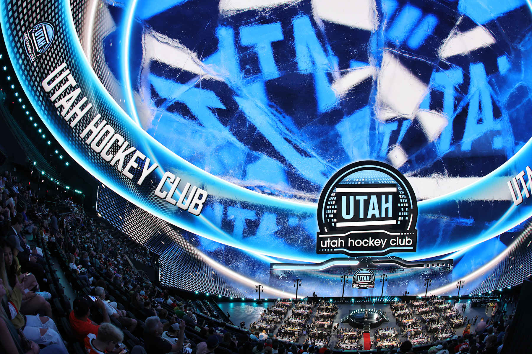 LAS VEGAS, NEVADA - JUNE 29: (EDITORS NOTE: This image was shot with a fisheye lens.) A general view shows the Utah Hockey Club on the clock in the third round the 2024 Upper Deck NHL Draft at Sphere on June 29, 2024 in Las Vegas, Nevada. (Photo by Ethan Miller/Getty Images)