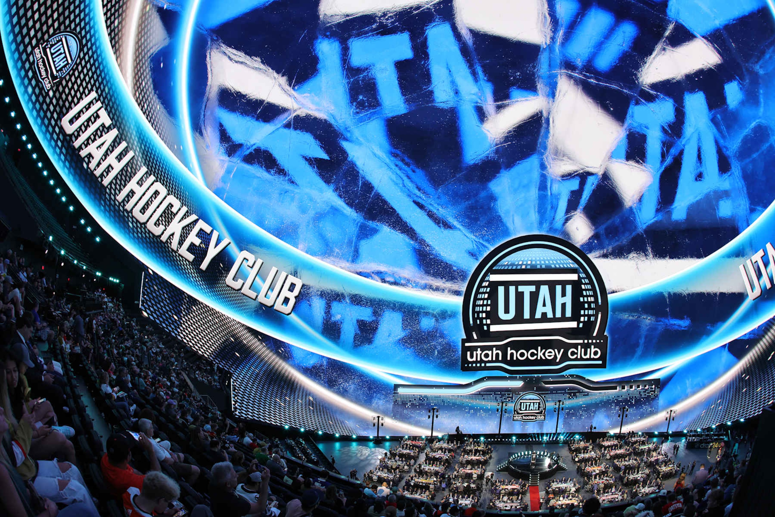 LAS VEGAS, NEVADA - JUNE 29: (EDITORS NOTE: This image was shot with a fisheye lens.) A general view shows the Utah Hockey Club on the clock in the third round the 2024 Upper Deck NHL Draft at Sphere on June 29, 2024 in Las Vegas, Nevada. (Photo by Ethan Miller/Getty Images)