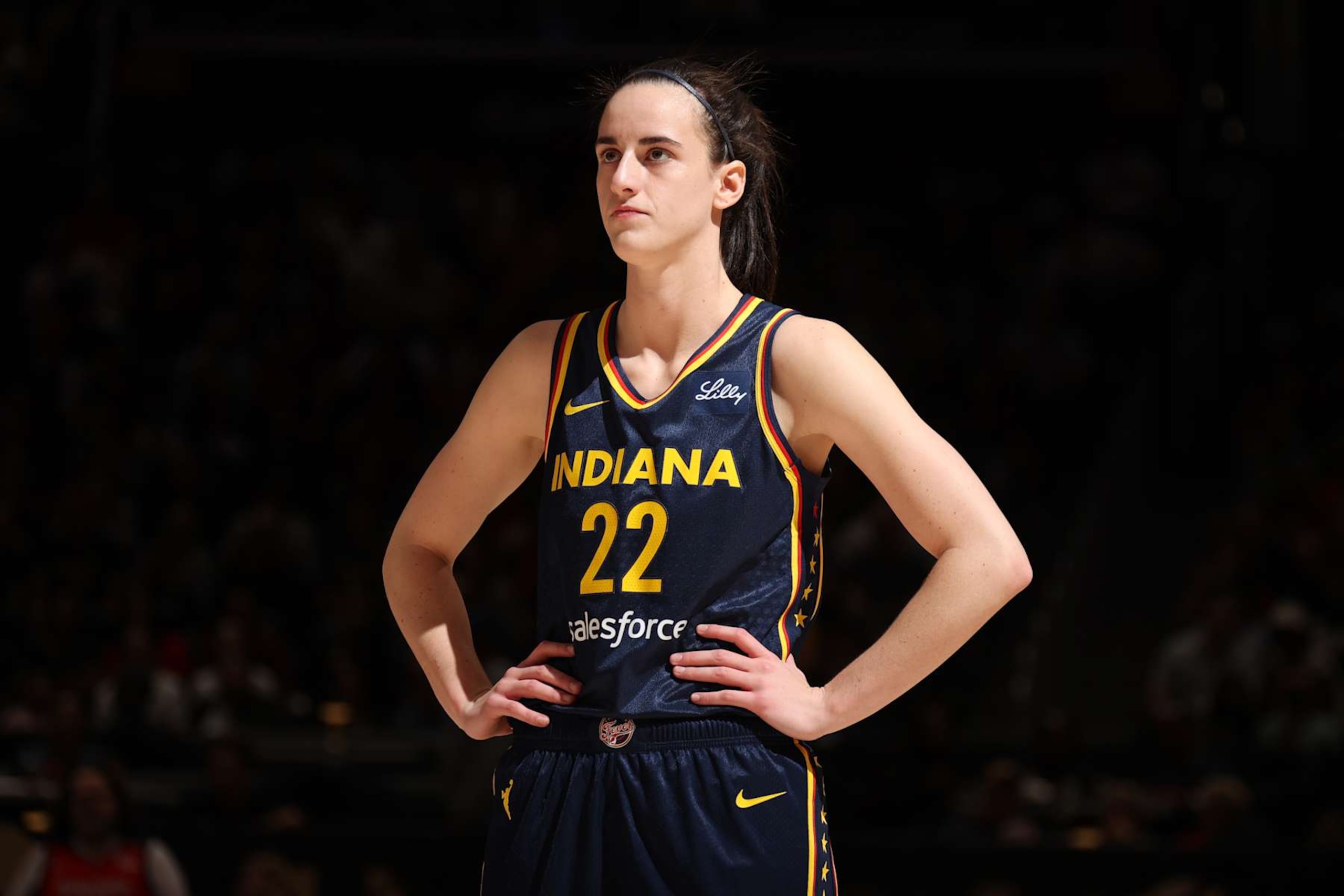 WASHINGTON, D.C. - SEPTEMBER 27: Caitlin Clark #22 of the Indiana Fever looks on during the game against the Washington Mystics on September 27, 2024 at Entertainment and Sports Arena in Washington, D.C. NOTE TO USER: User expressly acknowledges and agrees that, by downloading and or using this photograph, User is consenting to the terms and conditions of the Getty Images License Agreement. Mandatory Copyright Notice: Copyright 2024 NBAE (Photo by Stephen Gosling/NBAE via Getty Images)
