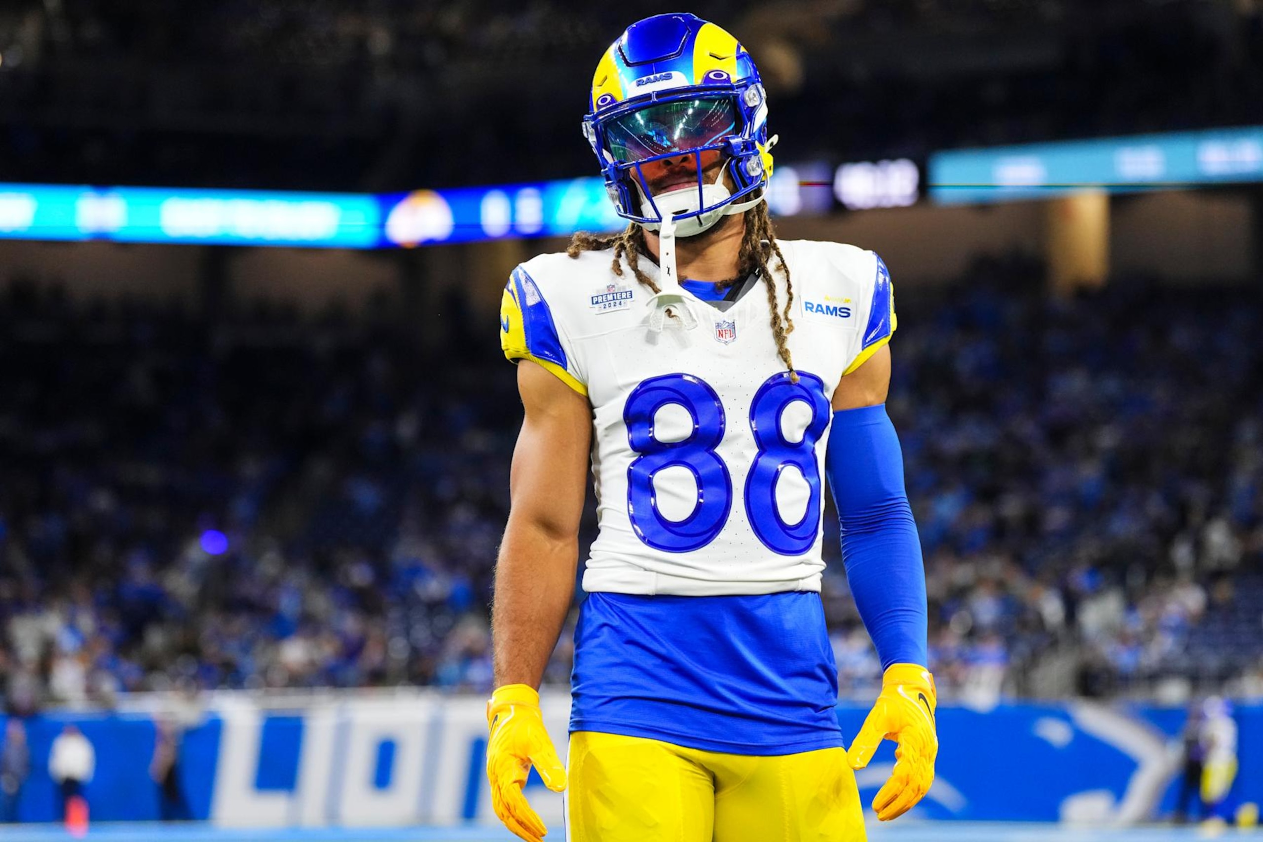 DETROIT, MI - SEPTEMBER 08: Jordan Whittington #88 of the Los Angeles Rams warms up prior to an NFL football game against the Detroit Lions at Ford Field on September 8, 2024 in Detroit, Michigan. (Photo by Cooper Neill/Getty Images) DETROIT, MI - SEPTEMBER 08: Jordan Whittington #88 of the Los Angeles Rams warms up prior to an NFL football game against the Detroit Lions at Ford Field on September 8, 2024 in Detroit, Michigan. (Photo by Cooper Neill/Getty Images)