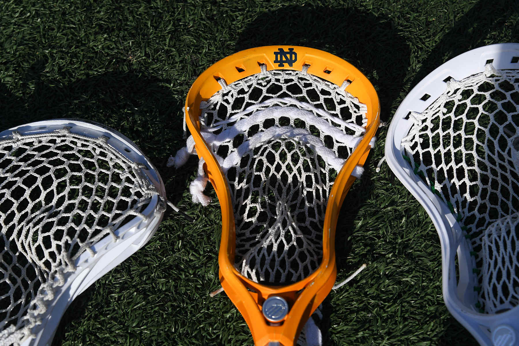 PHILADELPHIA, PA - MAY 27: A detail view of the Notre Dame logo on a lacrosse stick after the NCAA Division I Men's Lacrosse Championships Semifinal game between the Virginia Cavaliers and the Notre Dame Fighting Irish on May 27, 2023, at Lincoln Financial Field in Philadelphia, PA. The Fighting Irish defeated the Cavaliers 13-12 in overtime to advance to the national championship game. (Photo by Erica Denhoff/Icon Sportswire via Getty Images)
