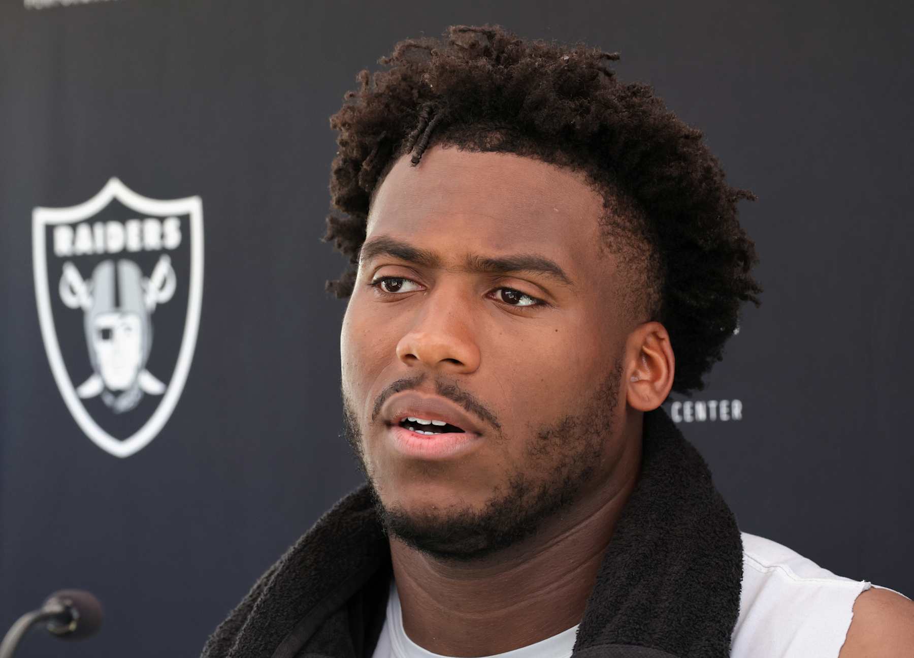 HENDERSON, NEVADA - JUNE 04: Defensive end Malcolm Koonce #51 of the Las Vegas Raiders attends a news conference after an OTA offseason workout at the Las Vegas Raiders Headquarters/Intermountain Healthcare Performance Center on June 04, 2024 in Henderson, Nevada. (Photo by Ethan Miller/Getty Images)
