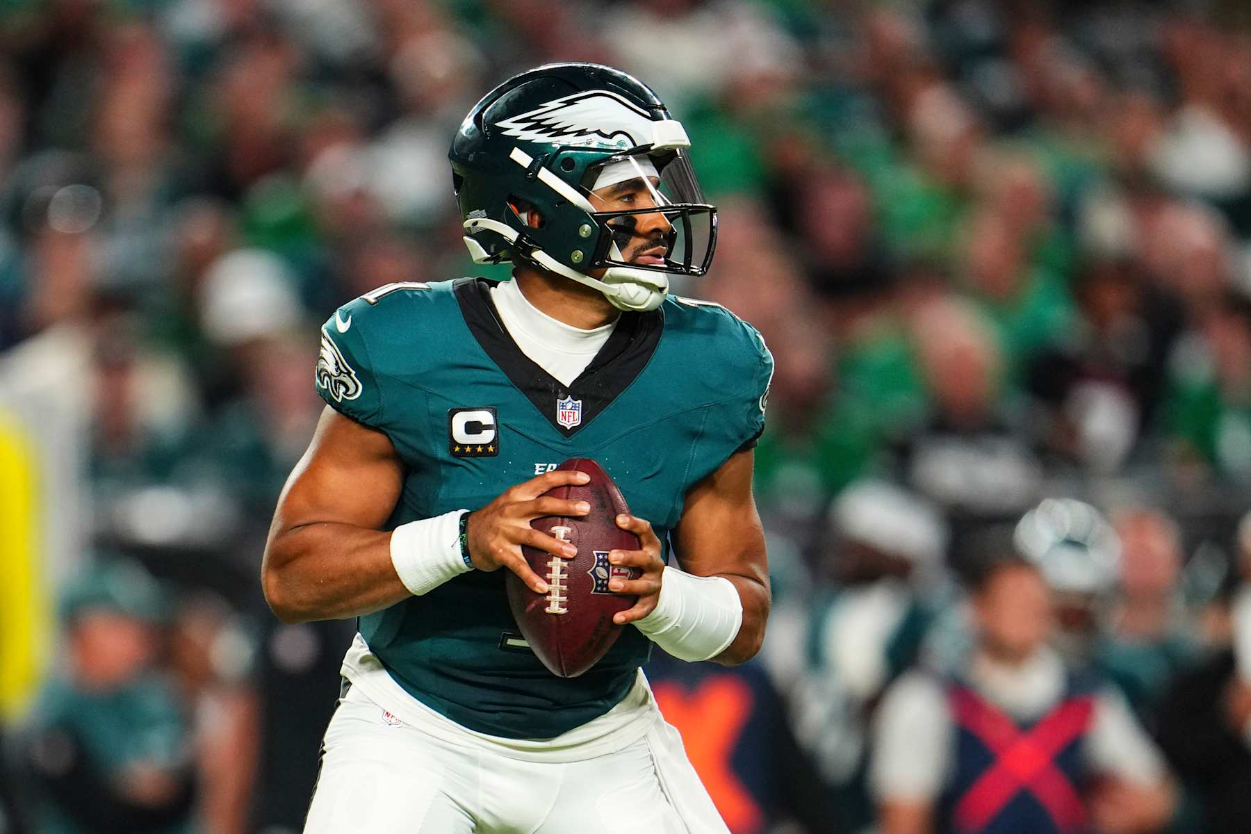 PHILADELPHIA, PA - SEPTEMBER 16: Jalen Hurts #1 of the Philadelphia Eagles drops back to pass during an NFL football game against the Atlanta Falcons at Lincoln Financial Field on September 16, 2024 in Philadelphia, Pennsylvania. (Photo by Cooper Neill/Getty Images)