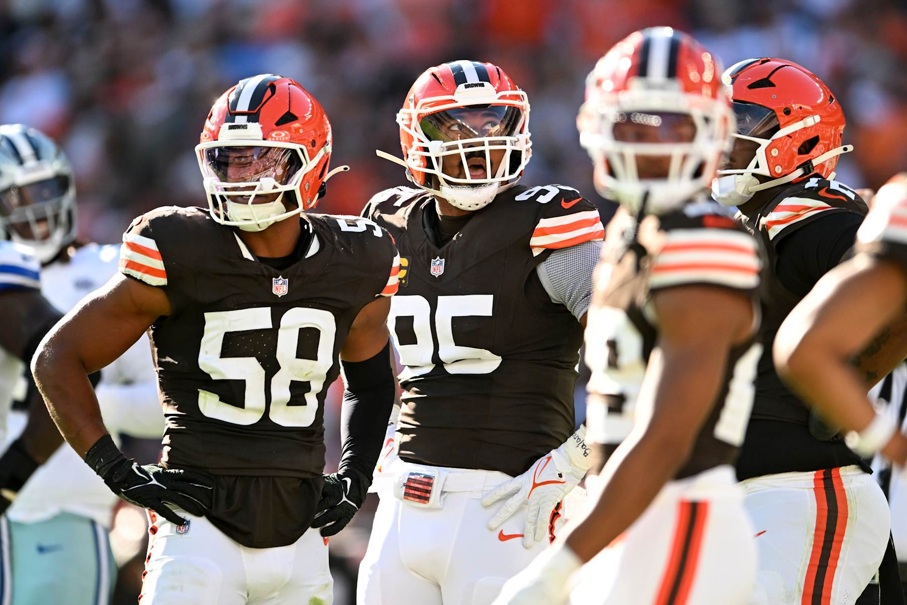 CLEVELAND, OHIO - SEPTEMBER 08: Myles Garrett #95 of the Cleveland Browns looks on during the second quarter against the Dallas Cowboys at Huntington Bank Field on September 08, 2024 in Cleveland, Ohio. (Photo by Nick Cammett/Diamond Images via Getty Images)