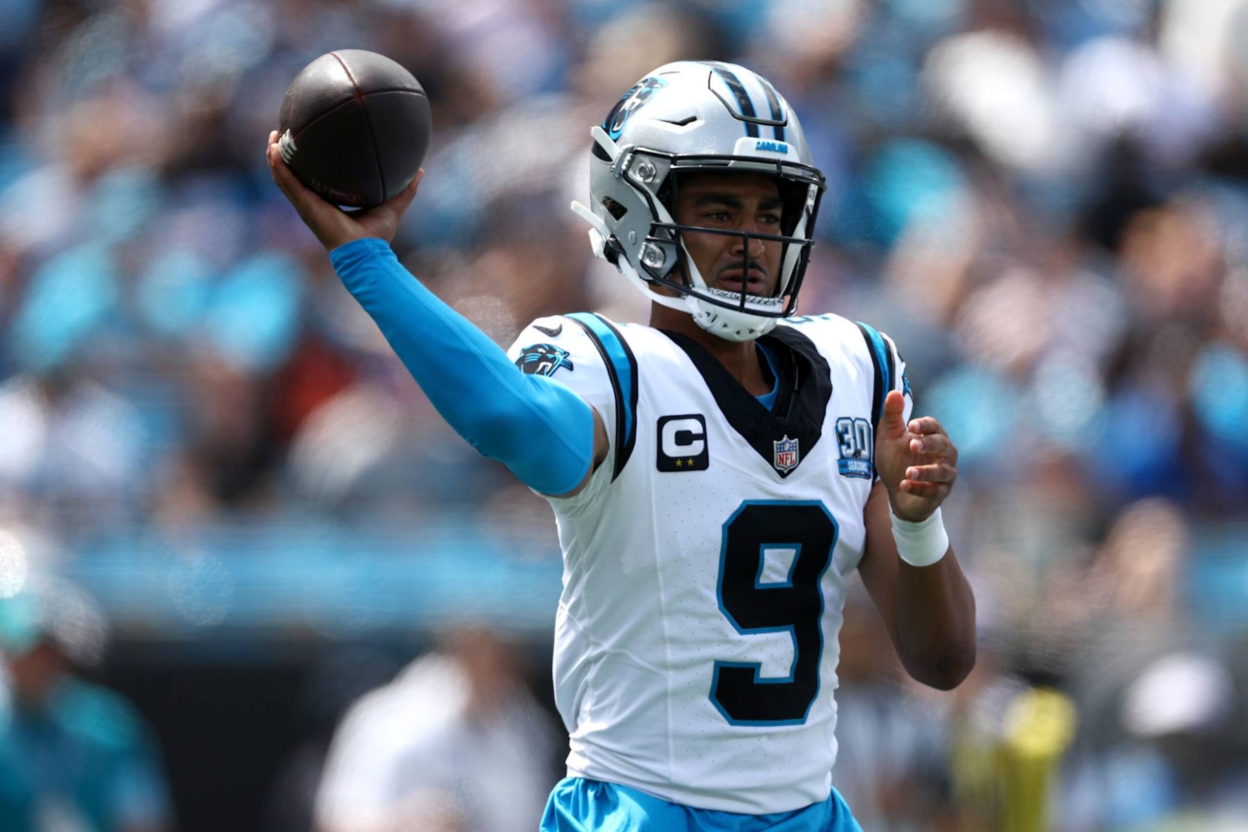 CHARLOTTE, NORTH CAROLINA - SEPTEMBER 15: Quarterback Bryce Young #9 of the Carolina Panthers attempts a pass during the first half of the game against the Los Angeles Chargers at Bank of America Stadium on September 15, 2024 in Charlotte, North Carolina. (Photo by Jared C. Tilton/Getty Images)