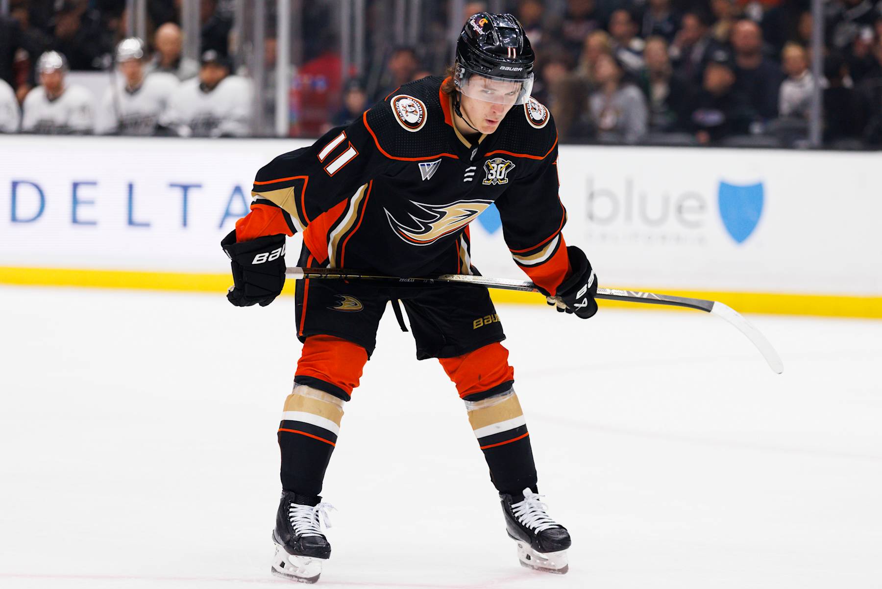 LOS ANGELES, CA - APRIL 13: Anaheim Ducks center Trevor Zegras (11) during an NHL game against the Los Angeles Kings on April 13, 2024 at Crypto.com Arena in Los Angeles, CA. (Photo by Ric Tapia/Icon Sportswire via Getty Images)