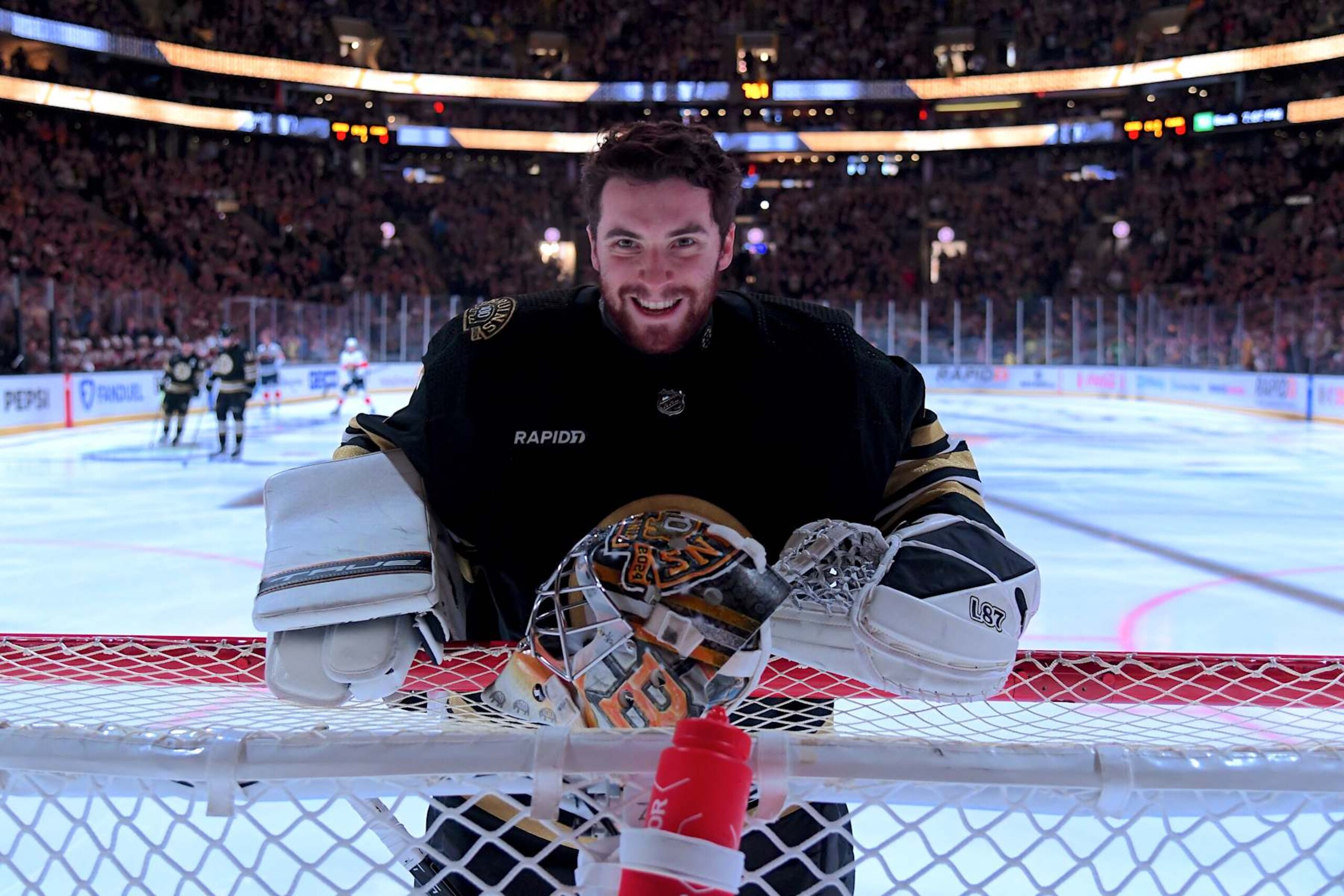 BOSTON, MASSACHUSETTS - MAY 17: Jeremy Swayman #1 of the Boston Bruins at the net before the game against the Florida Panthers in Game Six of the Second Round of the 2024 Stanley Cup Playoffs at the TD Garden on May 17, 2024 in Boston, Massachusetts. (Photo by Steve Babineau/NHLI via Getty Images)
