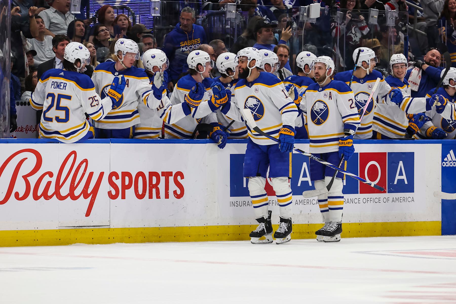 TAMPA, FL - APRIL 15: Brandon Hagel #38 of the Tampa Bay Lightning against Alex Tuch #89 of the Buffalo Sabres during the second period at Amalie Arena on April 15, 2024 in Tampa, Florida. (Photo by Mark LoMoglio/NHLI via Getty Images)