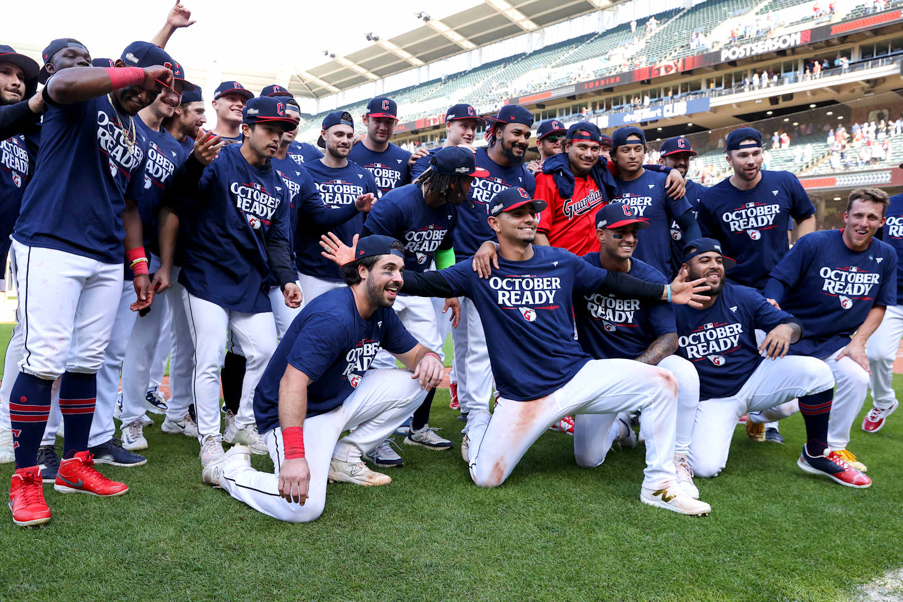 CLEVELAND, OH - SEPTEMBER 19: The Cleveland Guardians celebrate on the field after the Cleveland Guardians clinched a playoff spot following the Major League Baseball game between the Minnesota Twins and Cleveland Guardians on September 19, 2024, at Progressive Field in Cleveland, OH. (Photo by Frank Jansky/Icon Sportswire via Getty Images)