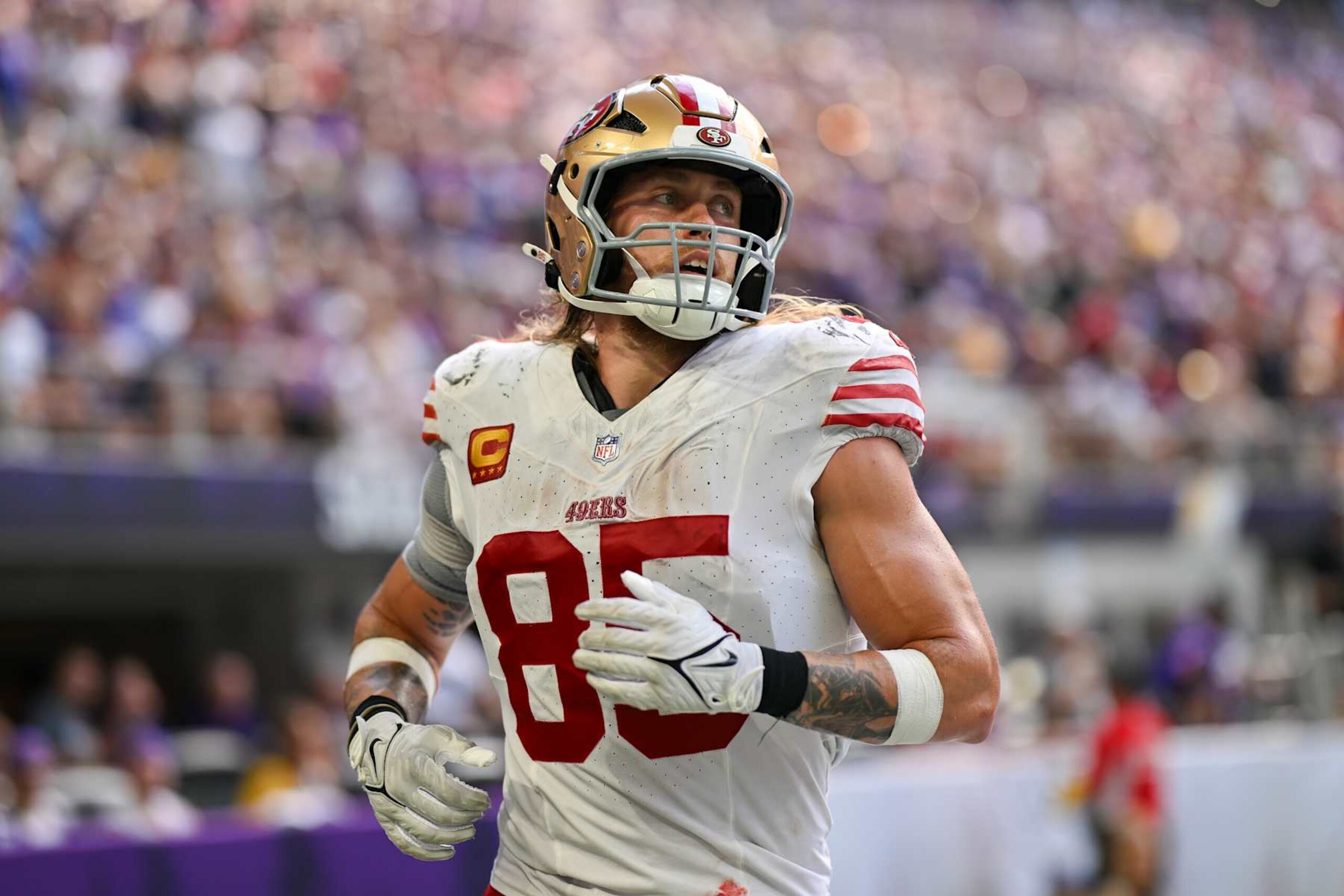 MINNEAPOLIS, MINNESOTA - SEPTEMBER 15: George Kittle #85 of the San Francisco 49ers looks on during the game against the Minnesota Vikings at U.S. Bank Stadium on September 15, 2024 in Minneapolis, Minnesota. The Vikings beat the 49ers 23-17. (Photo by Alika Jenner/Getty Images)