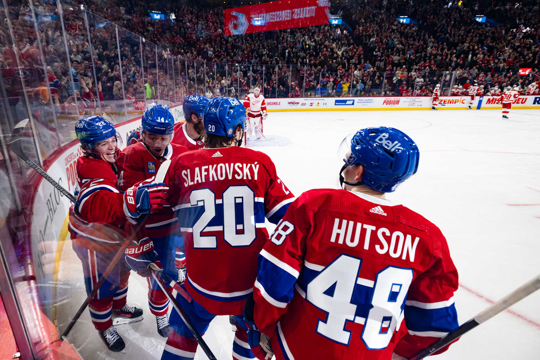 MONTREAL, CANADA - APRIL 16: Montreal Canadiens players celebrates after a goal scored by Juraj Slafkovsky #20 during the third period of the NHL regular season game against the Detroit Red Wings at the Bell Centre on April 16, 2024 in Montreal, Quebec, Canada. The Detroit Red Wings defeated the Montreal Canadiens in shootout by a score of 5-4. (Photo by Vitor Munhoz/NHLI via Getty Images)