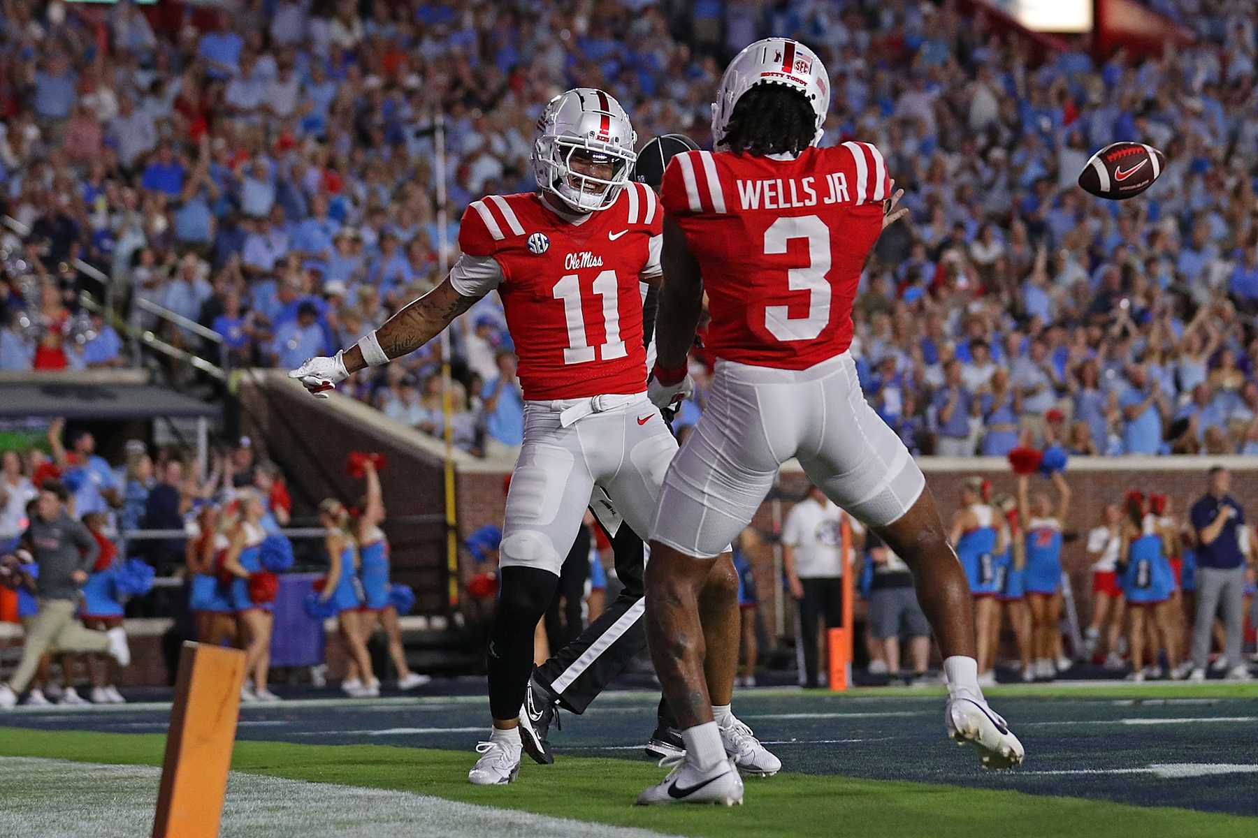 OXFORD, MISSISSIPPI - SEPTEMBER 21: Jordan Watkins and Antwane Wells Jr. #3 of the Mississippi Rebels celebrate during the first half against the Georgia Southern Eagles at Vaught-Hemingway Stadium on September 21, 2024 in Oxford, Mississippi. (Photo by Justin Ford/Getty Images)