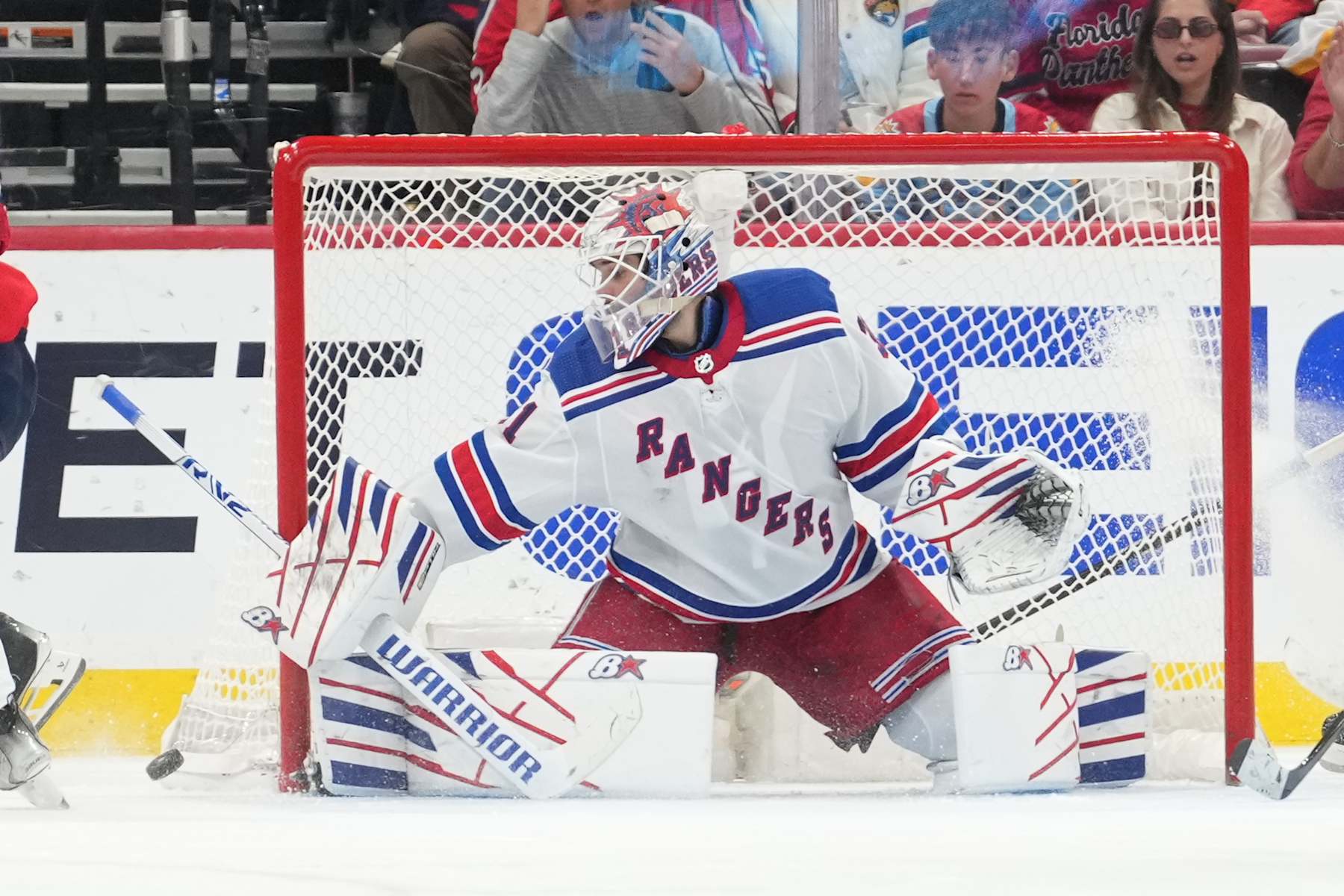 SUNRISE, FL - JUNE 01: New York Rangers goaltender Igor Shesterkin (31) makes a save in the third period during game six of the Eastern Conference Finals between the New York Ranges and the Florida Panthers on Saturday, June 1, 2024 at Amerant Bank Arena in Sunrise, Fla. (Photo by Peter Joneleit/Icon Sportswire via Getty Images)