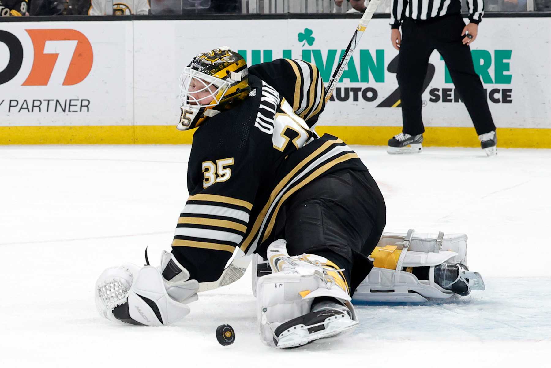 BOSTON, MA - MARCH 19: Boston Bruins goalie Linus Ullmark (35) makes a left pad save during a game between the Boston Bruins and the Ottawa Senators on March 19, 2024, at TD Garden in Boston, Massachusetts. (Photo by Fred Kfoury III/Icon Sportswire via Getty Images)
