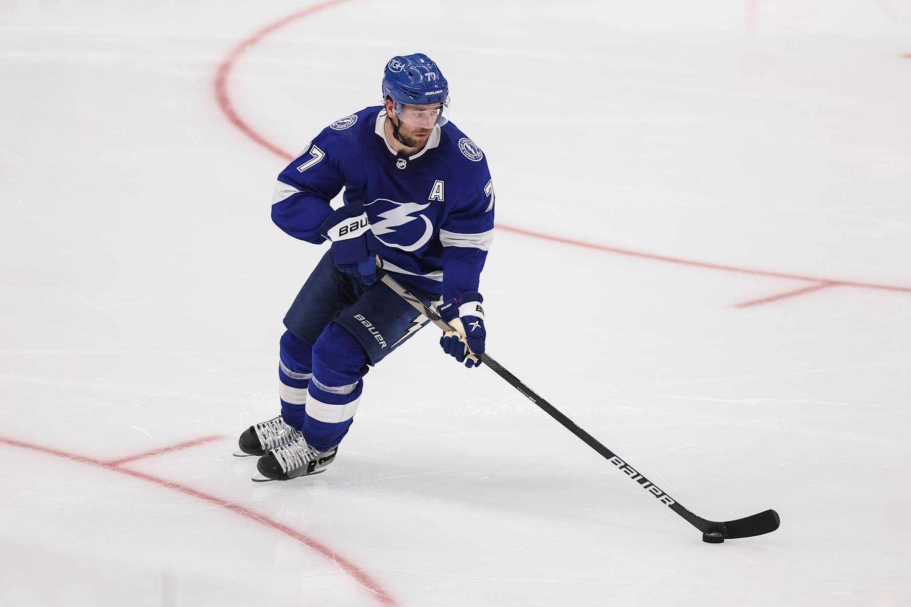 TAMPA, FL - APRIL 25: Victor Hedman #77 of the Tampa Bay Lightning skates against the Florida Panthers in Game Three of the First Round of the 2024 Stanley Cup Playoffs at Amalie Arena on April 25, 2024 in Tampa, Florida. (Photo by Mike Carlson/NHLI via Getty Images)