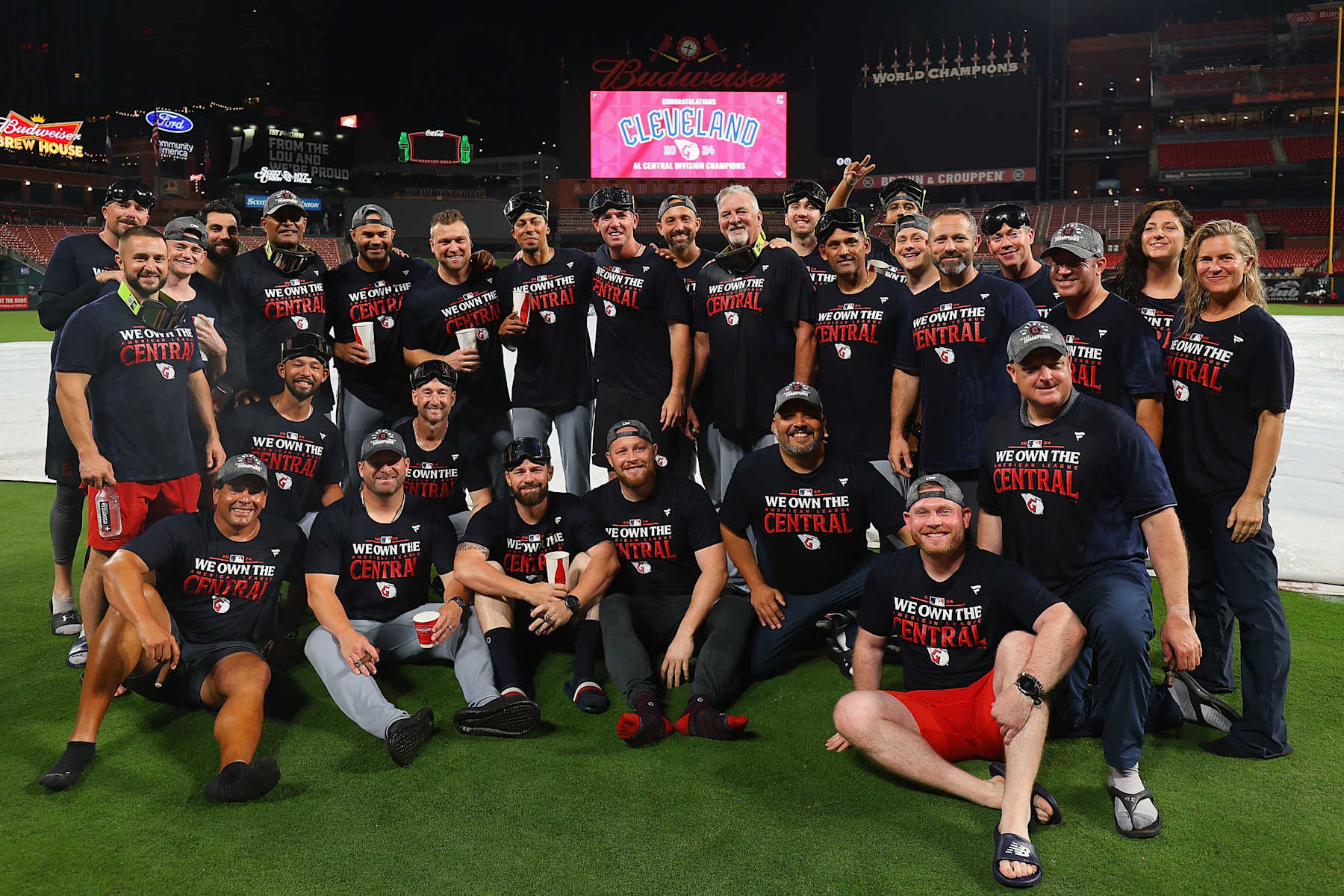 ST LOUIS, MISSOURI - SEPTEMBER 21: Members of the Cleveland Guardians staff pose for a photo after winning the American League Central after playing against the St. Louis Cardinals at Busch Stadium on September 21, 2024 in St Louis, Missouri. (Photo by Dilip Vishwanat/Getty Images)