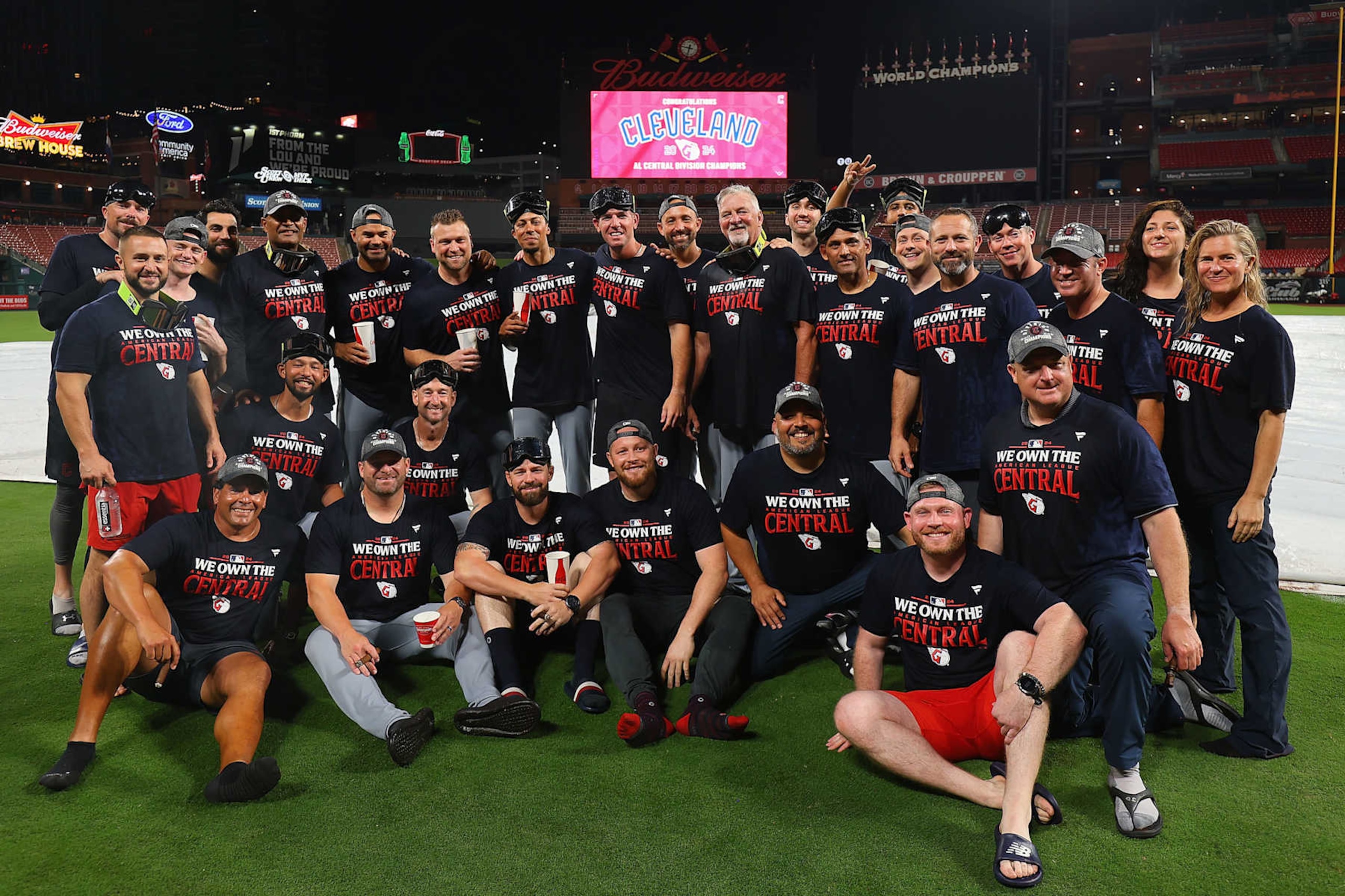 ST LOUIS, MISSOURI - SEPTEMBER 21: Members of the Cleveland Guardians staff pose for a photo after winning the American League Central after playing against the St. Louis Cardinals at Busch Stadium on September 21, 2024 in St Louis, Missouri. (Photo by Dilip Vishwanat/Getty Images)
