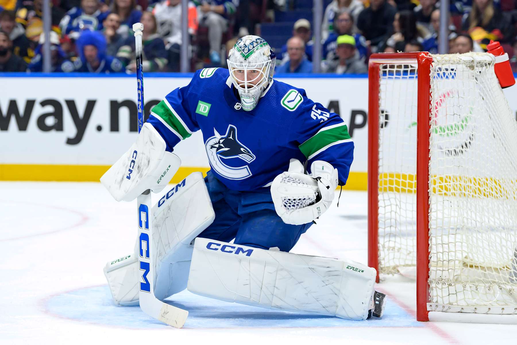 VANCOUVER, CANADA - APRIL 21: Thatcher Demko #35 of the Vancouver Canucks in net during the third period in Game One of the First Round of the 2024 Stanley Cup Playoffs against the Nashville Predators at Rogers Arena on April 21, 2024 in Vancouver, British Columbia, Canada. (Photo by Derek Cain/Getty Images)