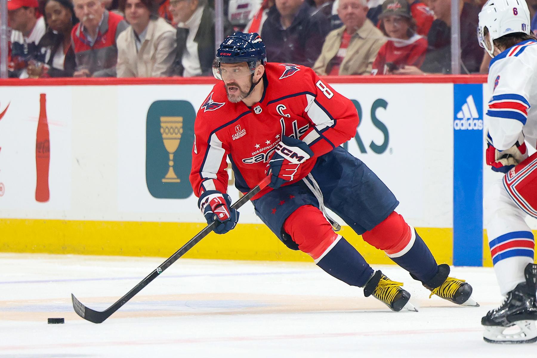 WASHINGTON, DC - APRIL 28:Alex Ovechkin #8 of the Washington Capitals carries the puck in Game Four of the First Round of the 2024 Stanley Cup Playoffs against the New York Rangers at Capital One Arena on April 28, 2024 in Washington, D.C. (Photo by John McCreary/NHLI via Getty Images)