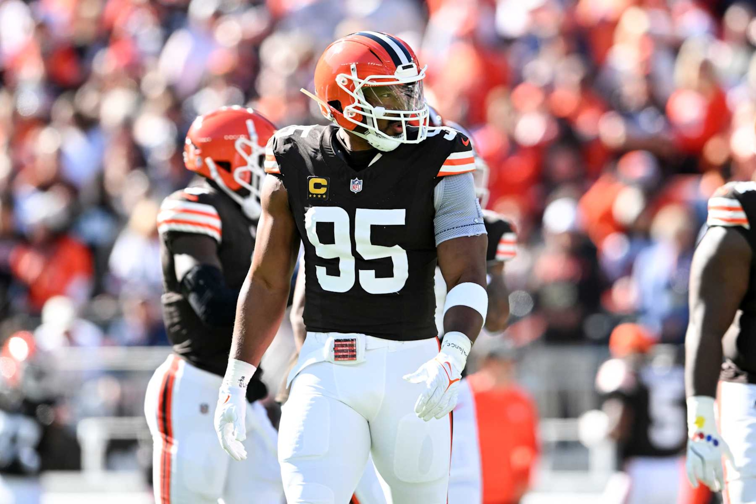 CLEVELAND, OHIO - SEPTEMBER 08: Myles Garrett #95 of the Cleveland Browns looks on during the first quarter against the Dallas Cowboys at Huntington Bank Field on September 08, 2024 in Cleveland, Ohio. (Photo by Nick Cammett/Diamond Images via Getty Images) CLEVELAND, OHIO - SEPTEMBER 08: Myles Garrett #95 of the Cleveland Browns looks on during the first quarter against the Dallas Cowboys at Huntington Bank Field on September 08, 2024 in Cleveland, Ohio. (Photo by Nick Cammett/Diamond Images via Getty Images)