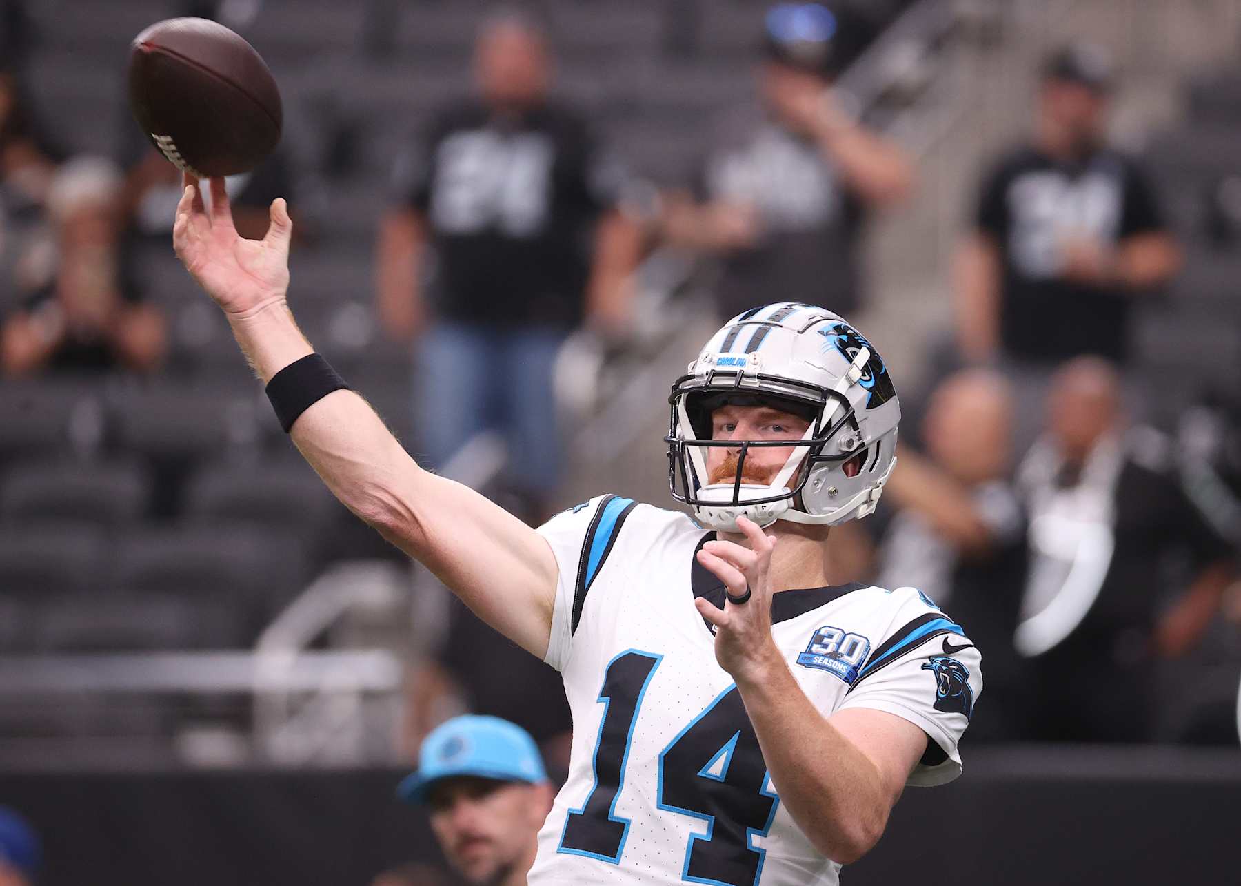 LAS VEGAS, NEVADA - SEPTEMBER 22: Quarterback Andy Dalton #14 of the Carolina Panthers warms up before the game against the Las Vegas Raiders at Allegiant Stadium on September 22, 2024 in Las Vegas, Nevada. (Photo by Ian Maule/Getty Images)