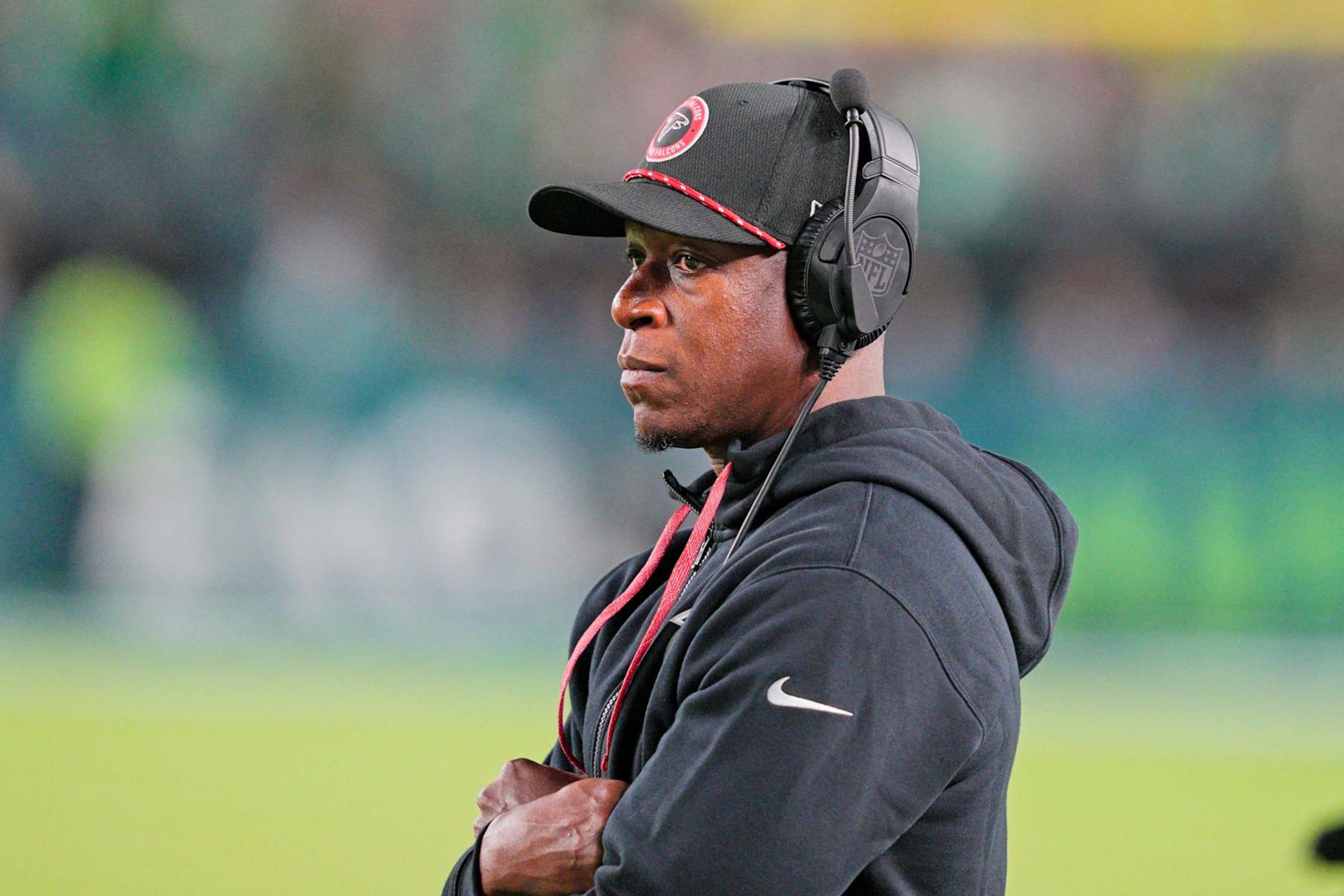 PHILADELPHIA, PA - SEPTEMBER 16: Atlanta Falcons head coach Raheem Morris looks on during the game between the Philadelphia Eagles and the Atlanta Falcons on September 15, 2024 at Lincoln Financial Field in Philadelphia, PA. (Photo by Andy Lewis/Icon Sportswire via Getty Images)