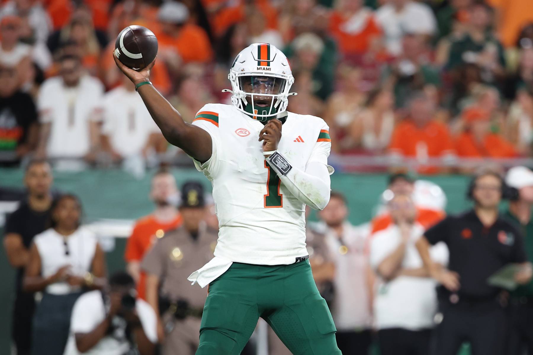 TAMPA, FL - SEPTEMBER 21: Miami Hurricanes quarterback Cam Ward (1) makes a pass attempt during the game between the University of Miami Hurricanes and the South Florida Bulls on Saturday, September 21, 2024 at Raymond James Stadium in Tampa, Fla. (Photo by Peter Joneleit/Icon Sportswire via Getty Images)