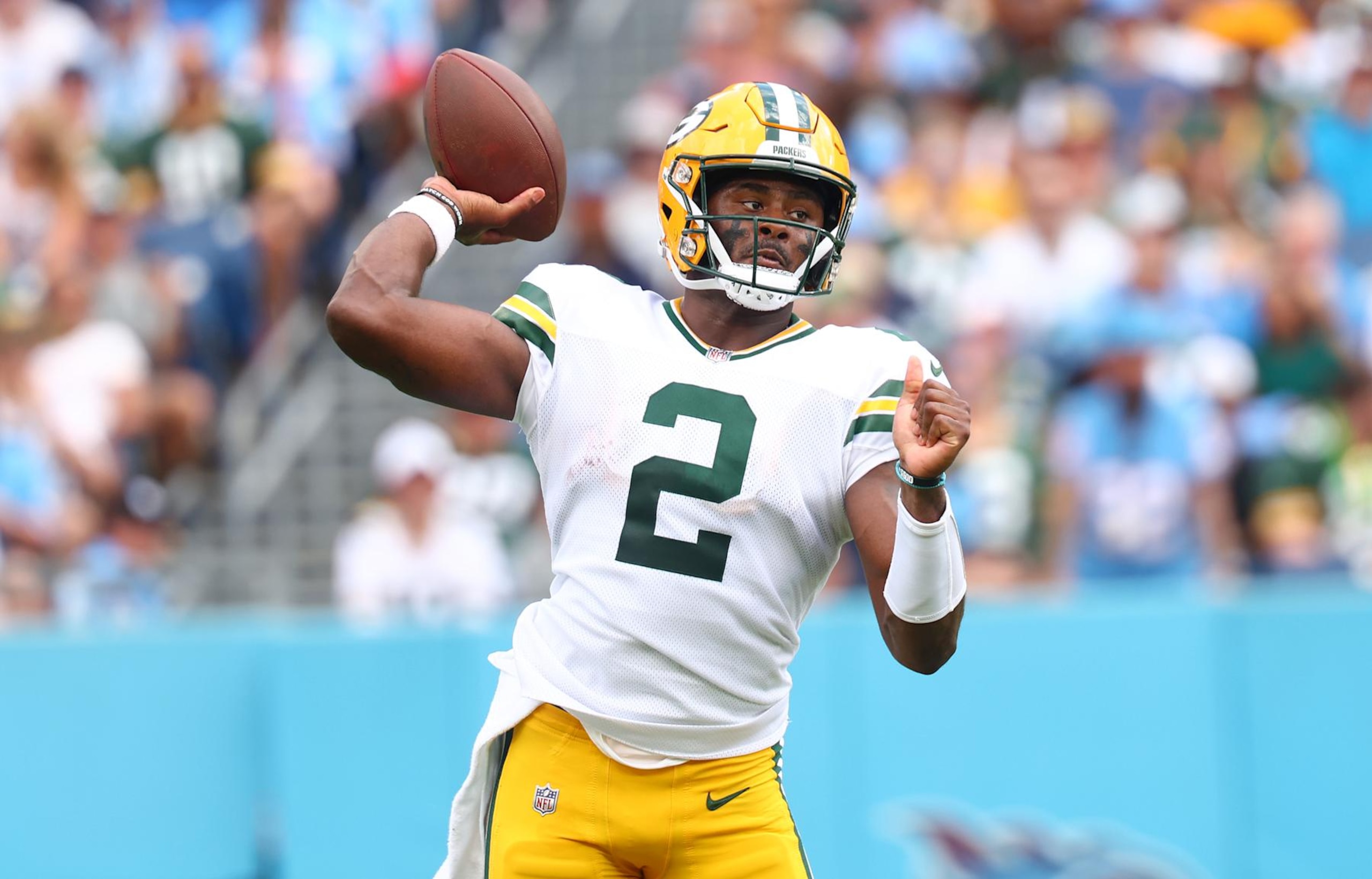 NASHVILLE, TENNESSEE - SEPTEMBER 22: Quarterback Malik Willis #2 of the Green Bay Packers passes against the Tennessee Titans during the second quarter at Nissan Stadium on September 22, 2024 in Nashville, Tennessee. (Photo by Johnnie Izquierdo/Getty Images)