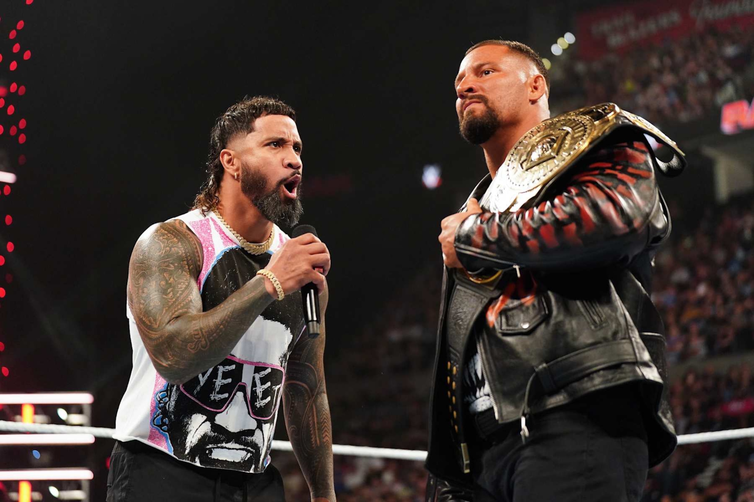 PORTLAND, OREGON - SEPTEMBER 16: Jey Uso confronts Intercontinental Champion Bron Breakker during Monday Night RAW at Moda Center on September 16, 2024 in Portland, Oregon.  (Photo by WWE/Getty Images)