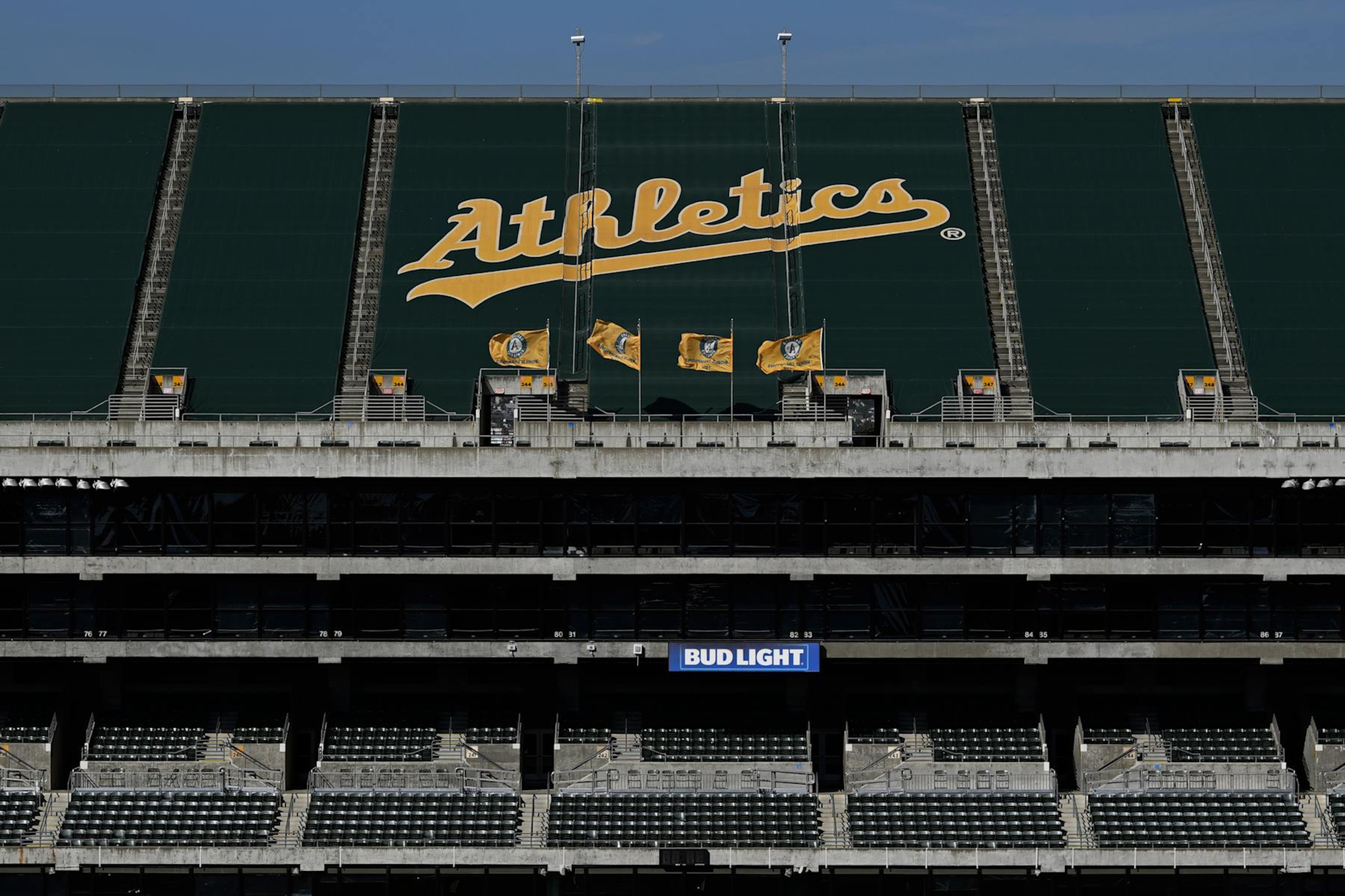 OAKLAND, CALIFORNIA - JUNE 18: The Oakland Athletics logo is seen in the stands before their game against the Kansas City Royals at Oakland Coliseum on June 18, 2024 in Oakland, California. (Photo by Eakin Howard/Getty Images)